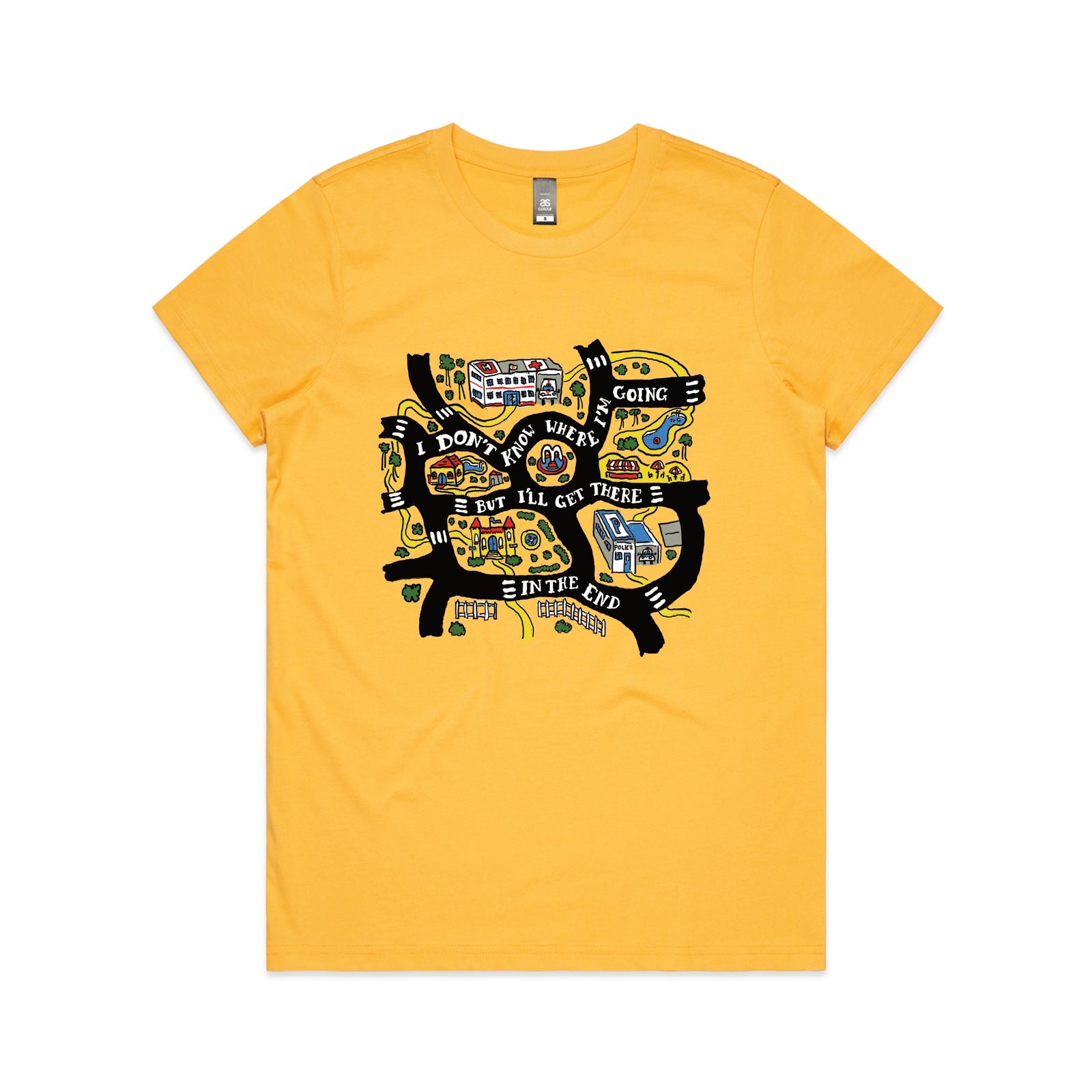 Yellow fitted womens t-shirt with In The End graphic by Lonely Kids Club