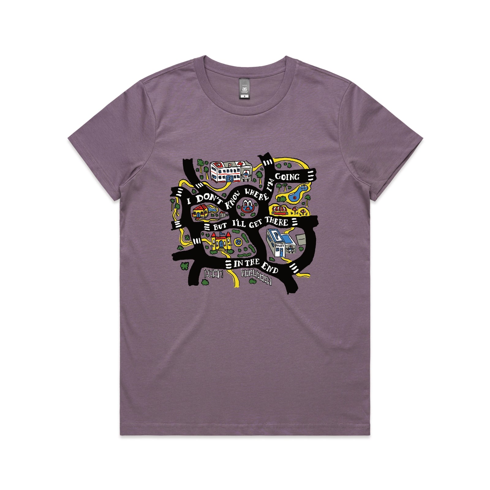 Mauve fitted womens t-shirt with In The End graphic by Lonely Kids Club