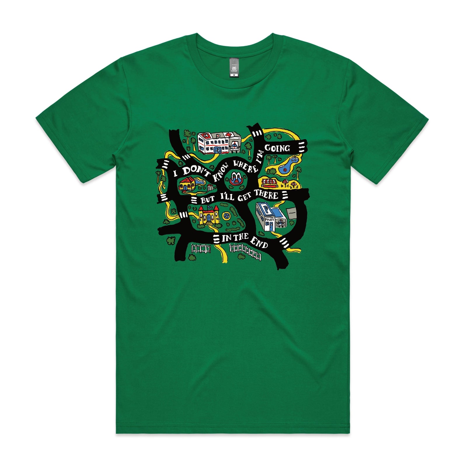Green unisex t-shirt with In The End graphic by Lonely Kids Club