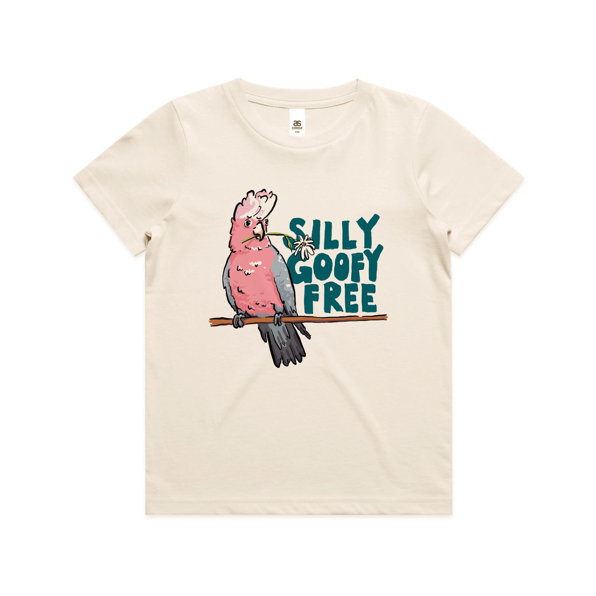 Ecru kids t-shirt with Silly Goofy Free Kids graphic by Lonely Kids Club