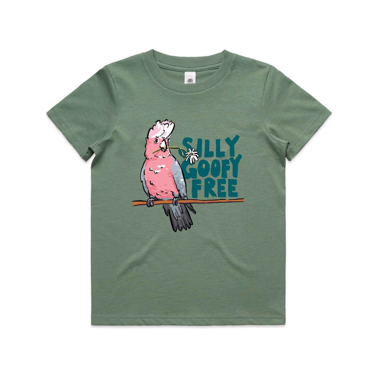 Sage kids t-shirt with Silly Goofy Free Kids graphic by Lonely Kids Club