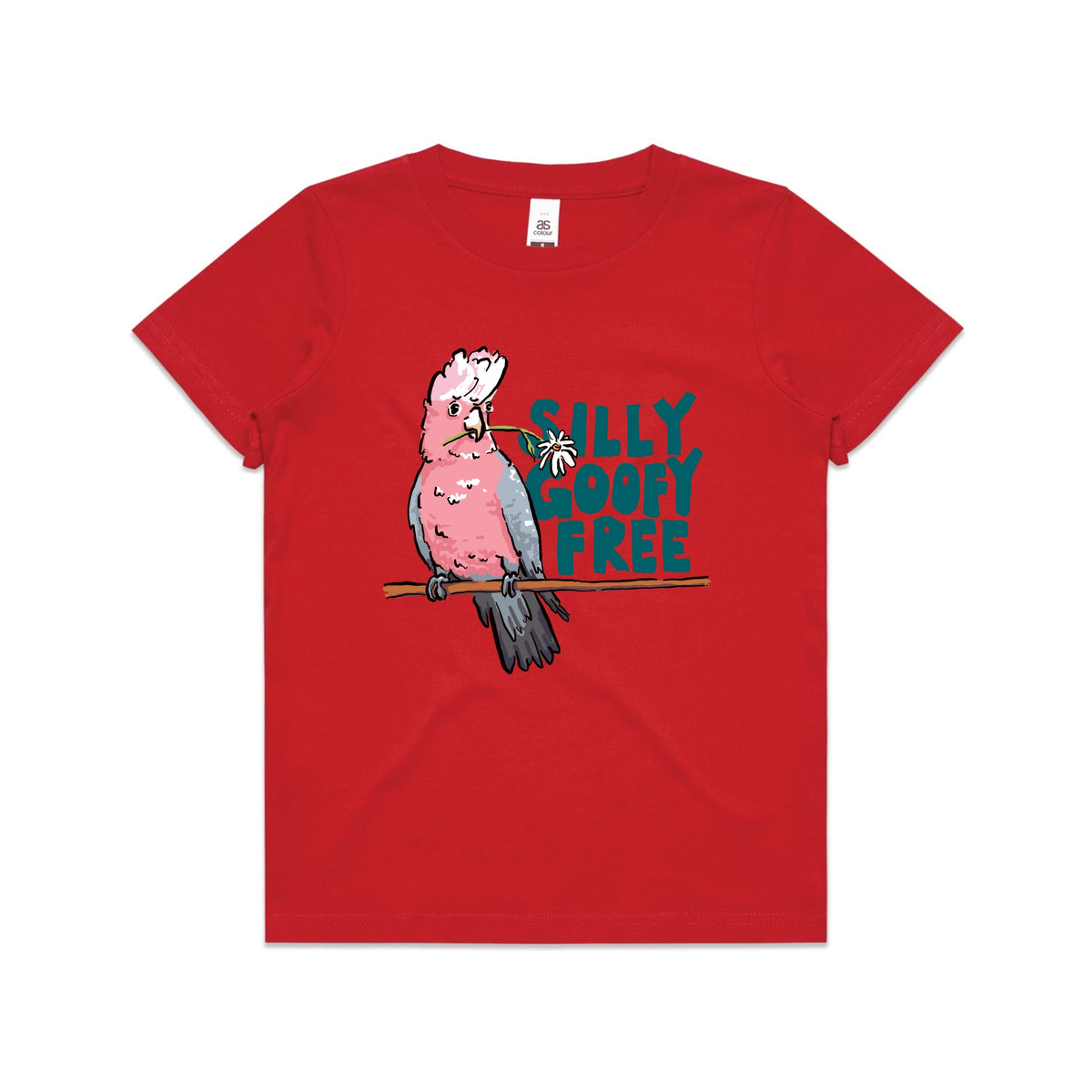 Red kids t-shirt with Silly Goofy Free Kids graphic by Lonely Kids Club