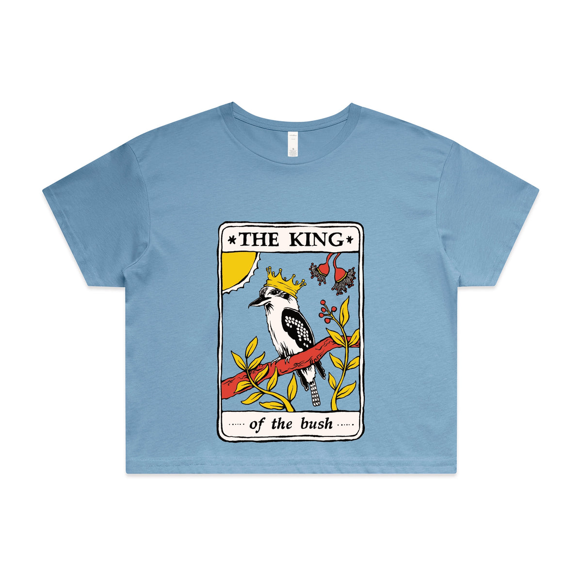 Carolina Blue crop top with The King Tarot graphic by Lonely Kids Club
