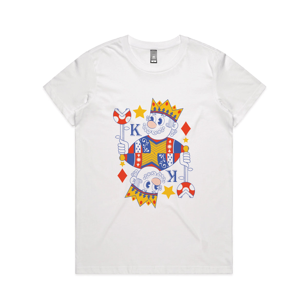 White fitted womens t-shirt with Mushroom King graphic by Lonely Kids Club