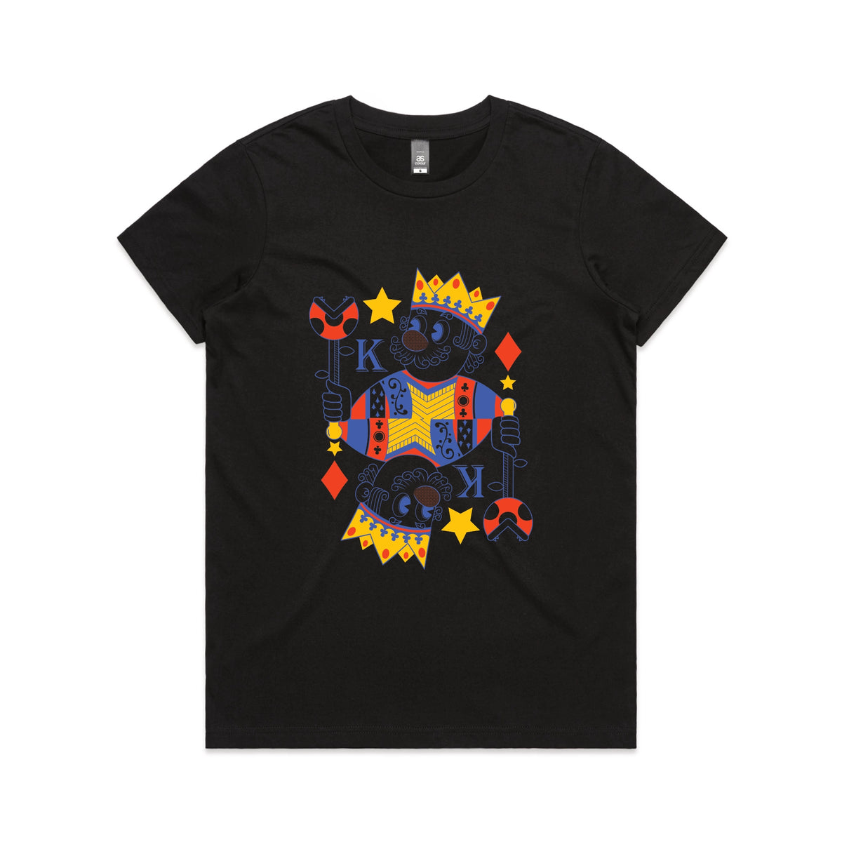 Black fitted womens t-shirt with Mushroom King graphic by Lonely Kids Club