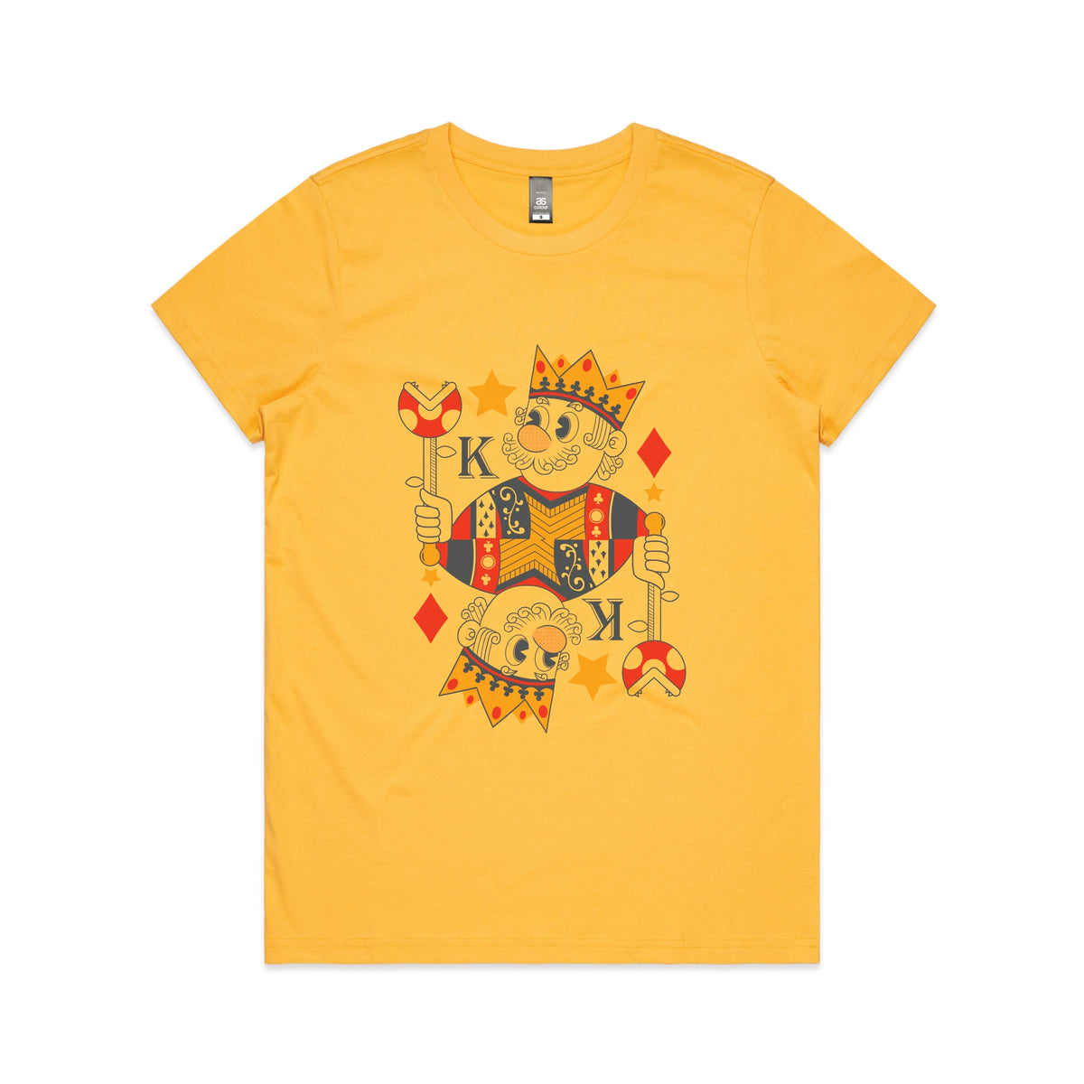 Yellow fitted womens t-shirt with Mushroom King graphic by Lonely Kids Club