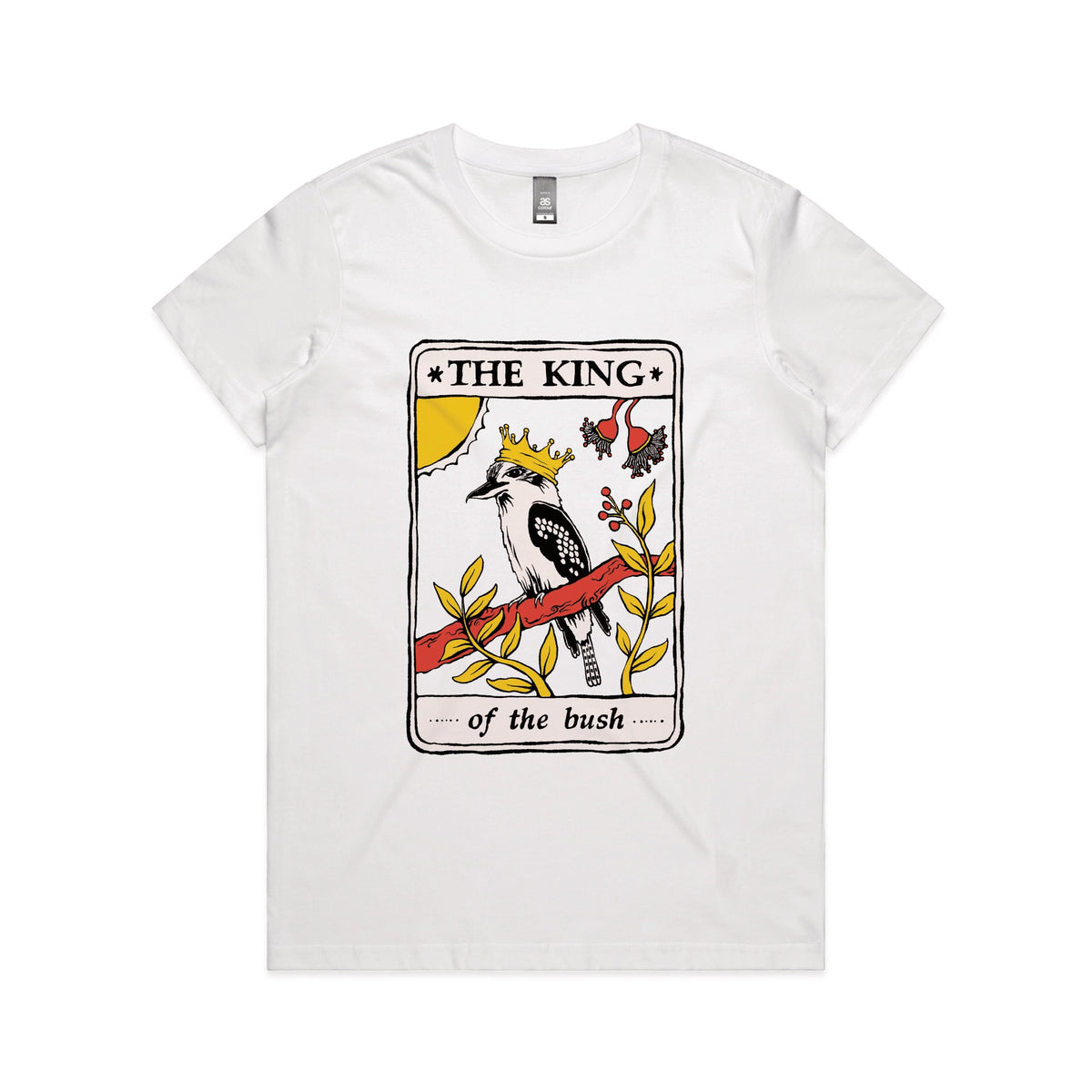 White fitted womens t-shirt with The King Tarot graphic by Lonely Kids Club