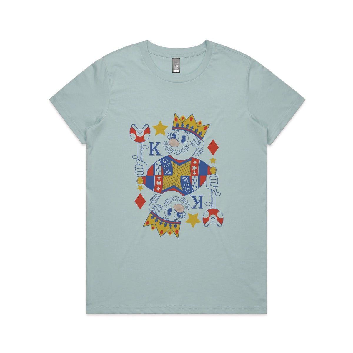 Pale Blue fitted womens t-shirt with Mushroom King graphic by Lonely Kids Club