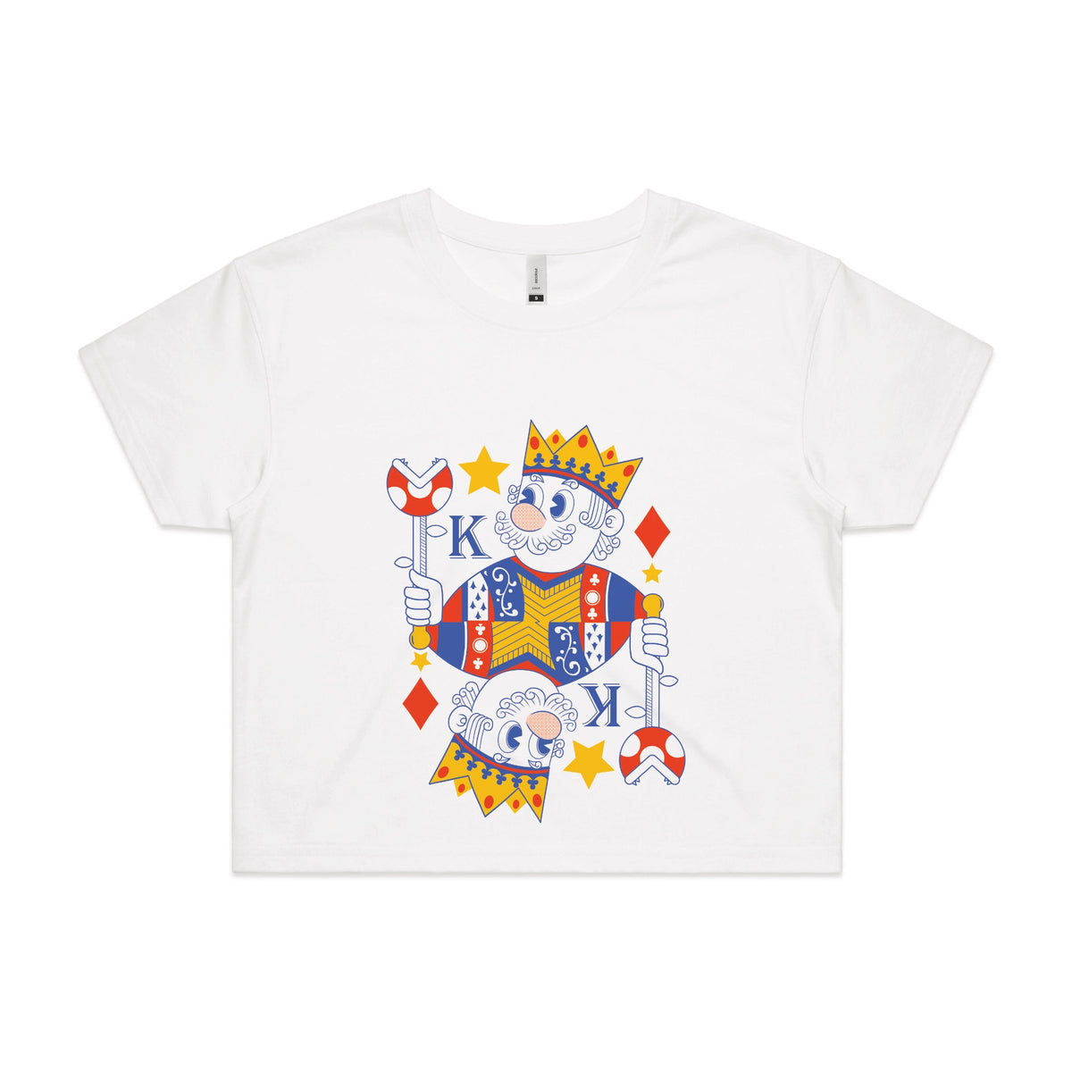 White crop top with Mushroom King graphic by Lonely Kids Club
