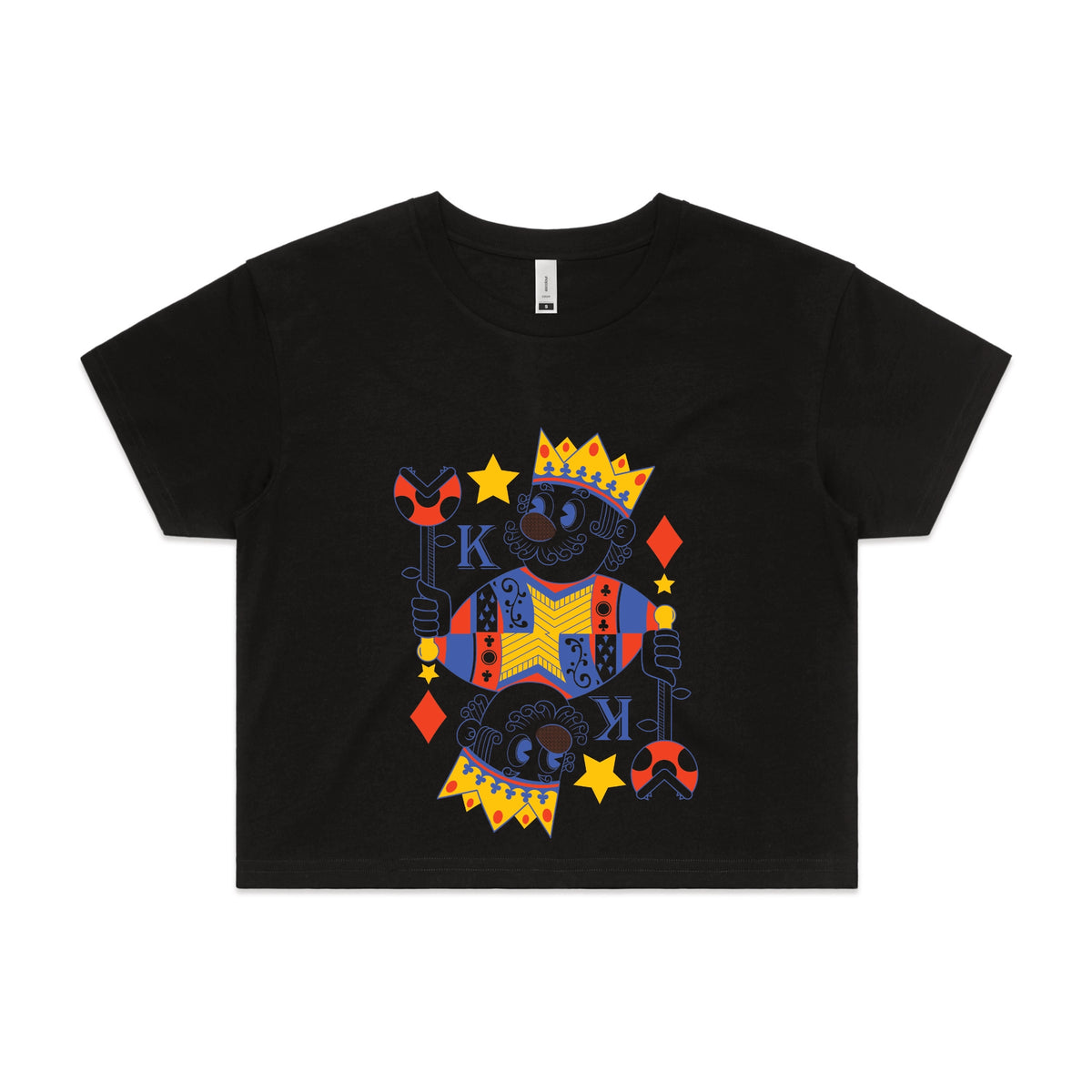 Black crop top with Mushroom King graphic by Lonely Kids Club