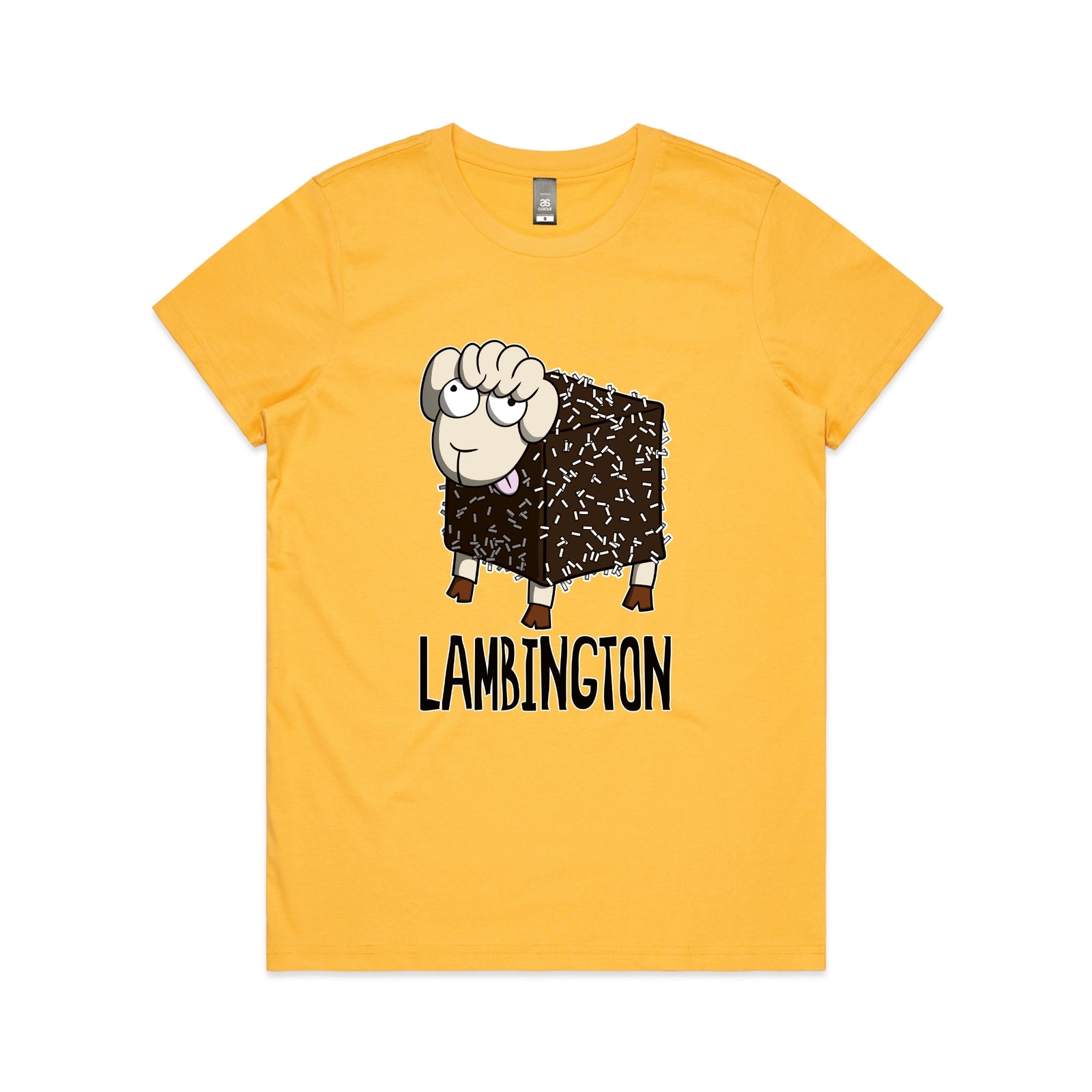Yellow fitted womens t-shirt with Lambington graphic by Lonely Kids Club