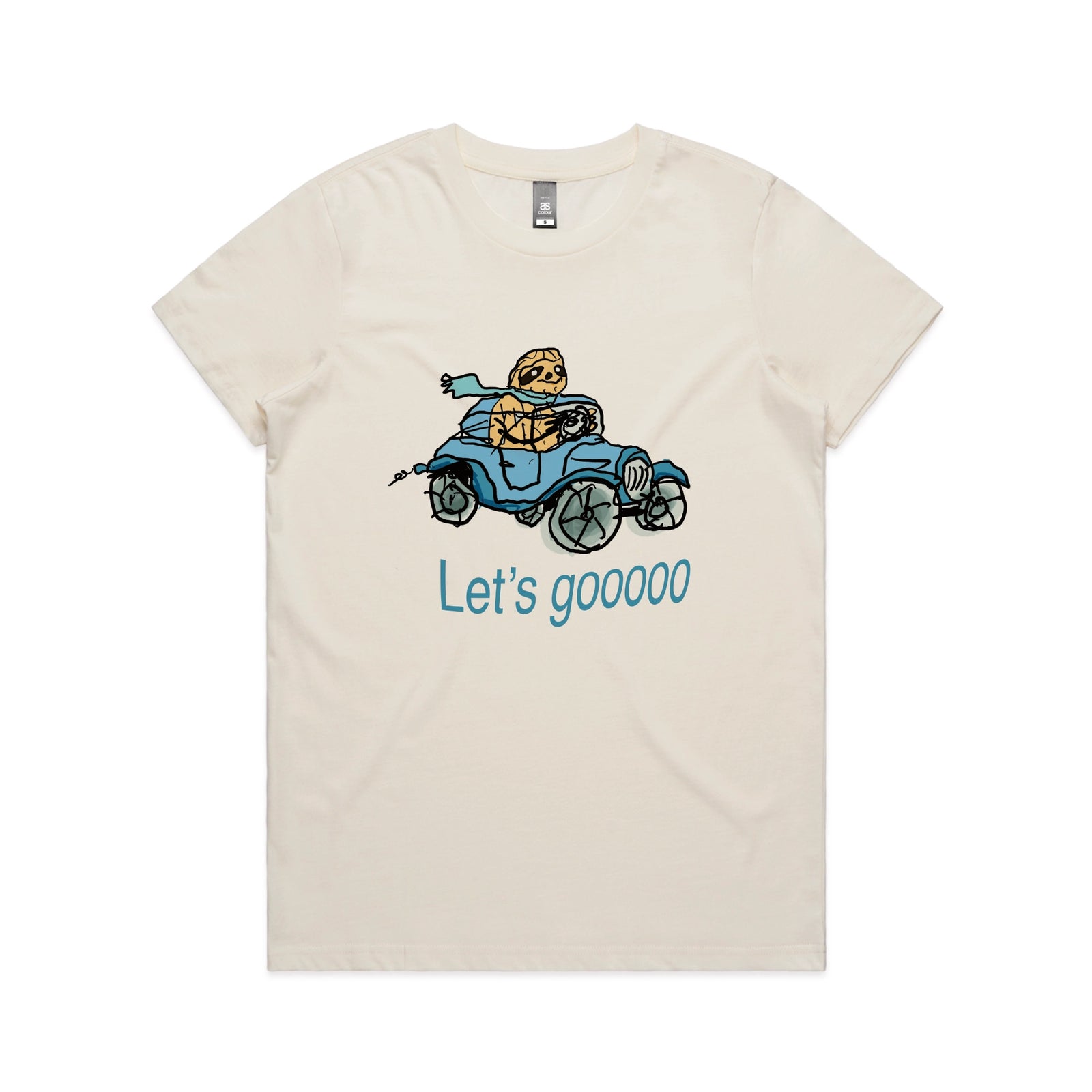 Ecru fitted womens t-shirt with Let's Gooooo graphic by Lonely Kids Club