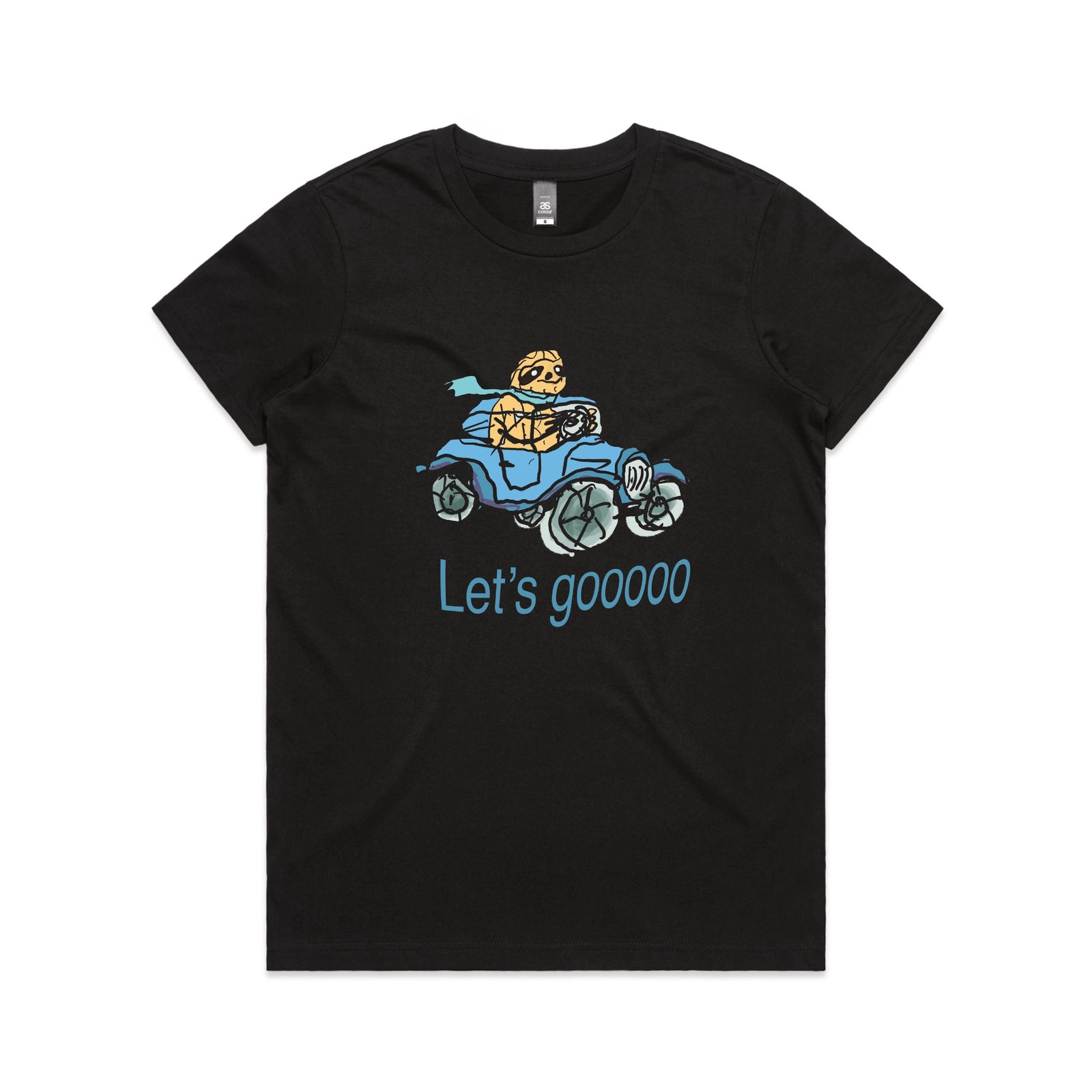 Black fitted womens t-shirt with Let's Gooooo graphic by Lonely Kids Club