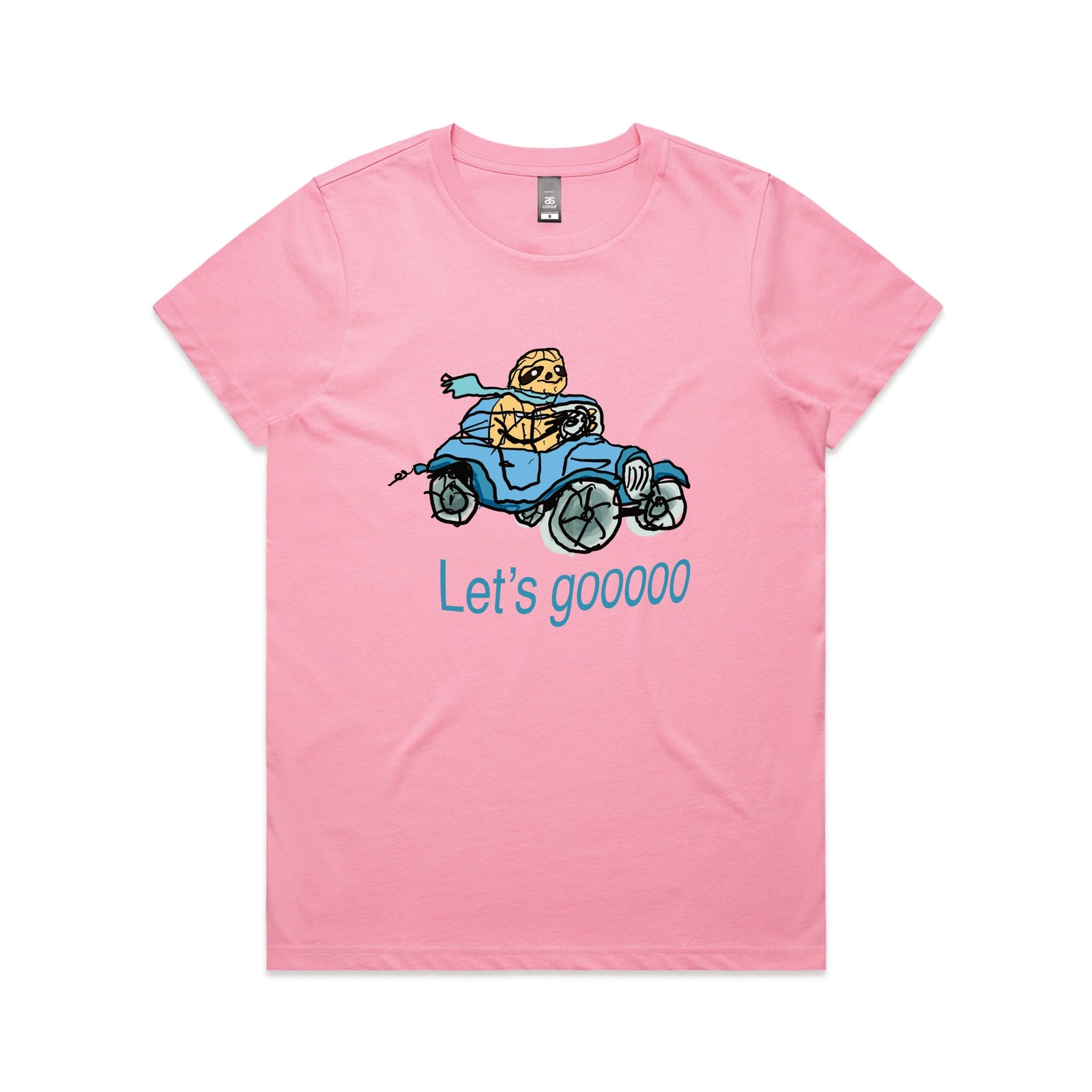 Bubblegum fitted womens t-shirt with Let's Gooooo graphic by Lonely Kids Club