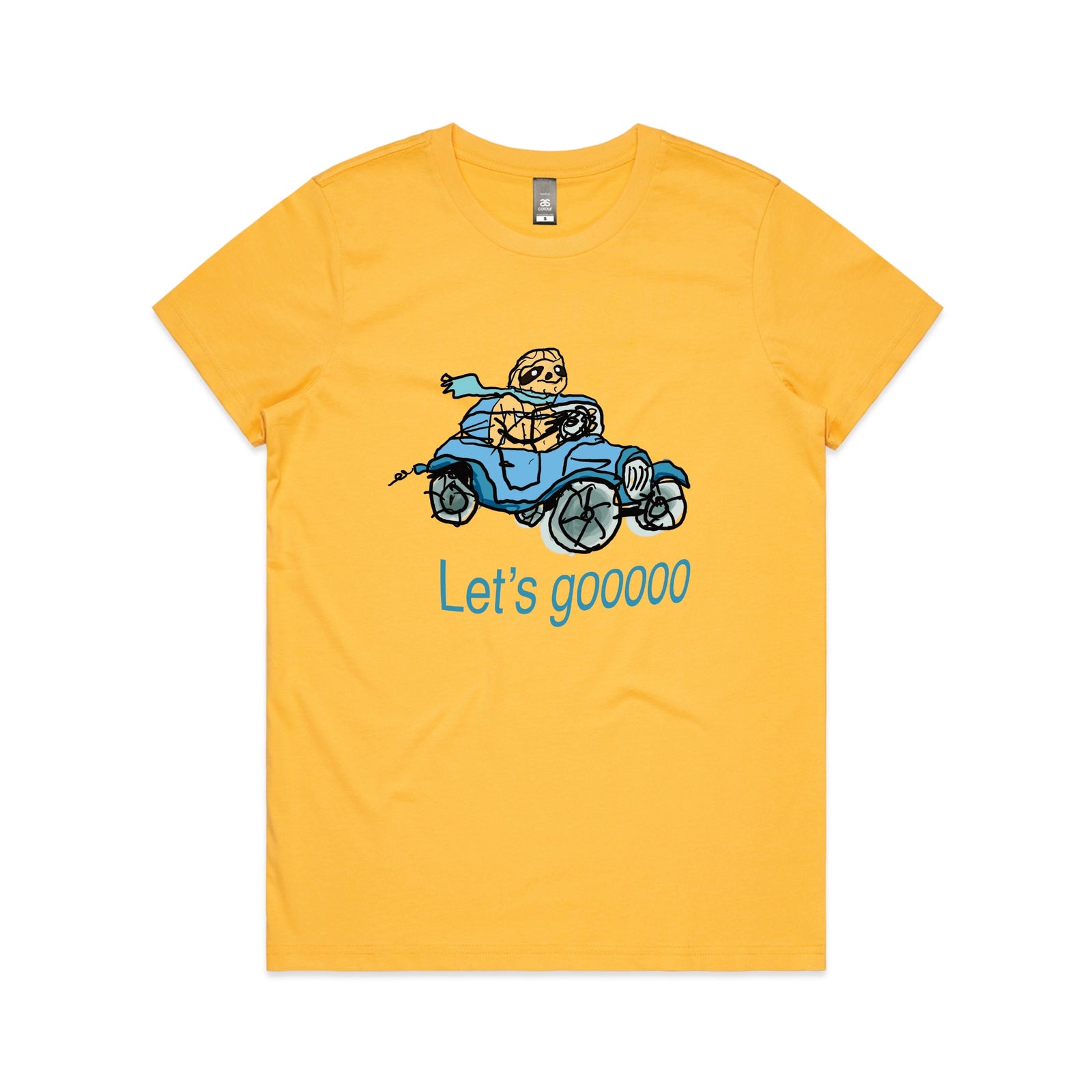 Yellow fitted womens t-shirt with Let's Gooooo graphic by Lonely Kids Club