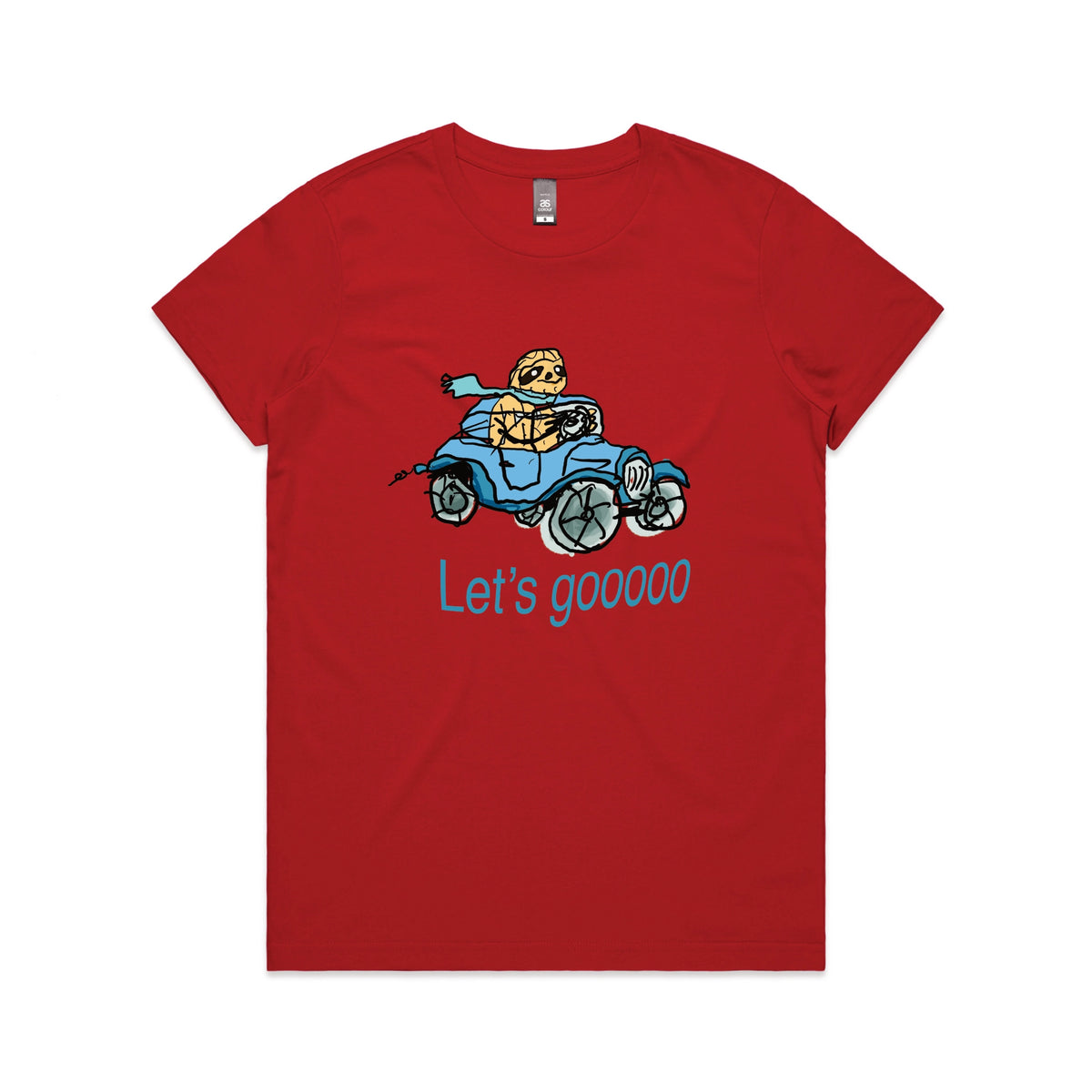 Red fitted womens t-shirt with Let's Gooooo graphic by Lonely Kids Club
