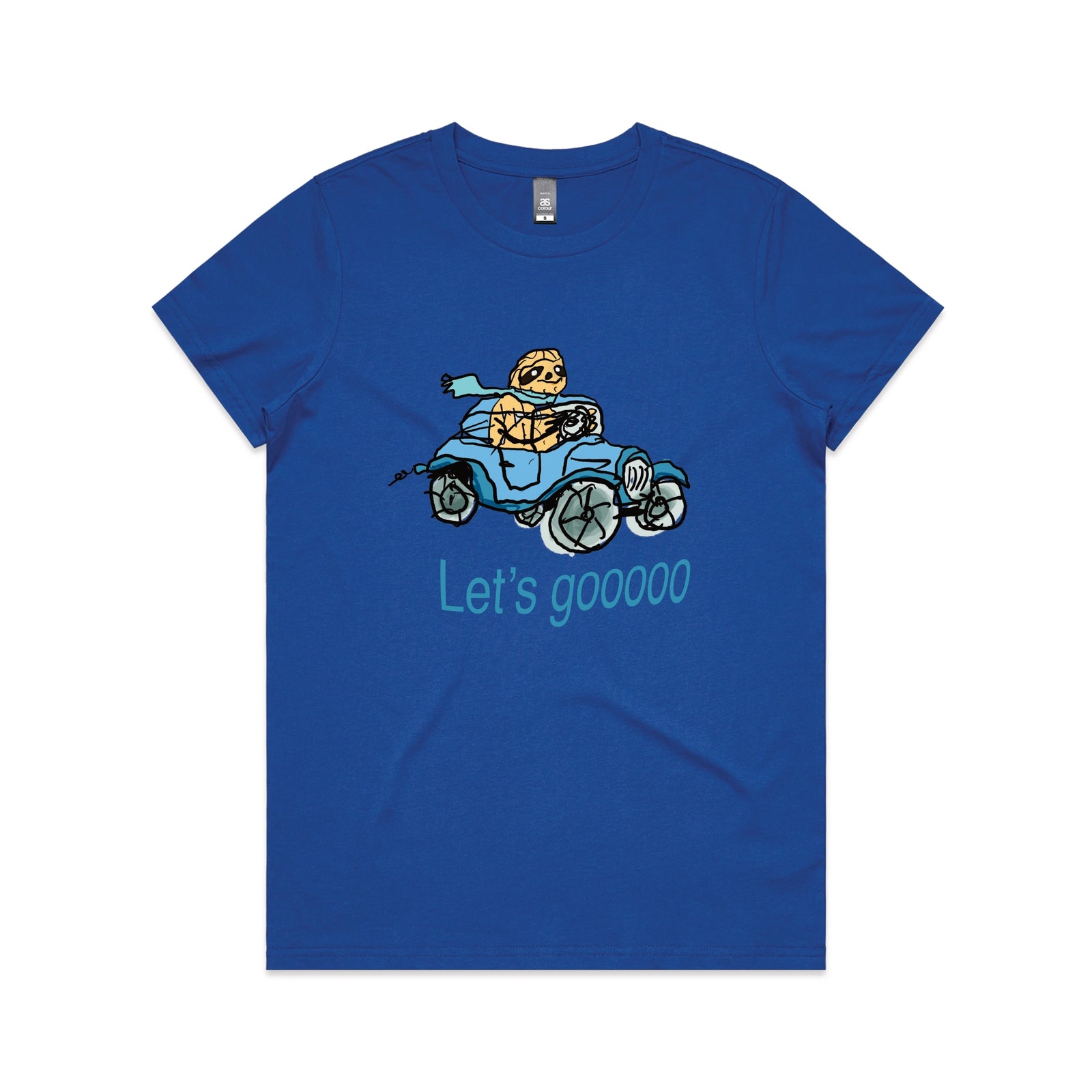 Royal Blue fitted womens t-shirt with Let's Gooooo graphic by Lonely Kids Club