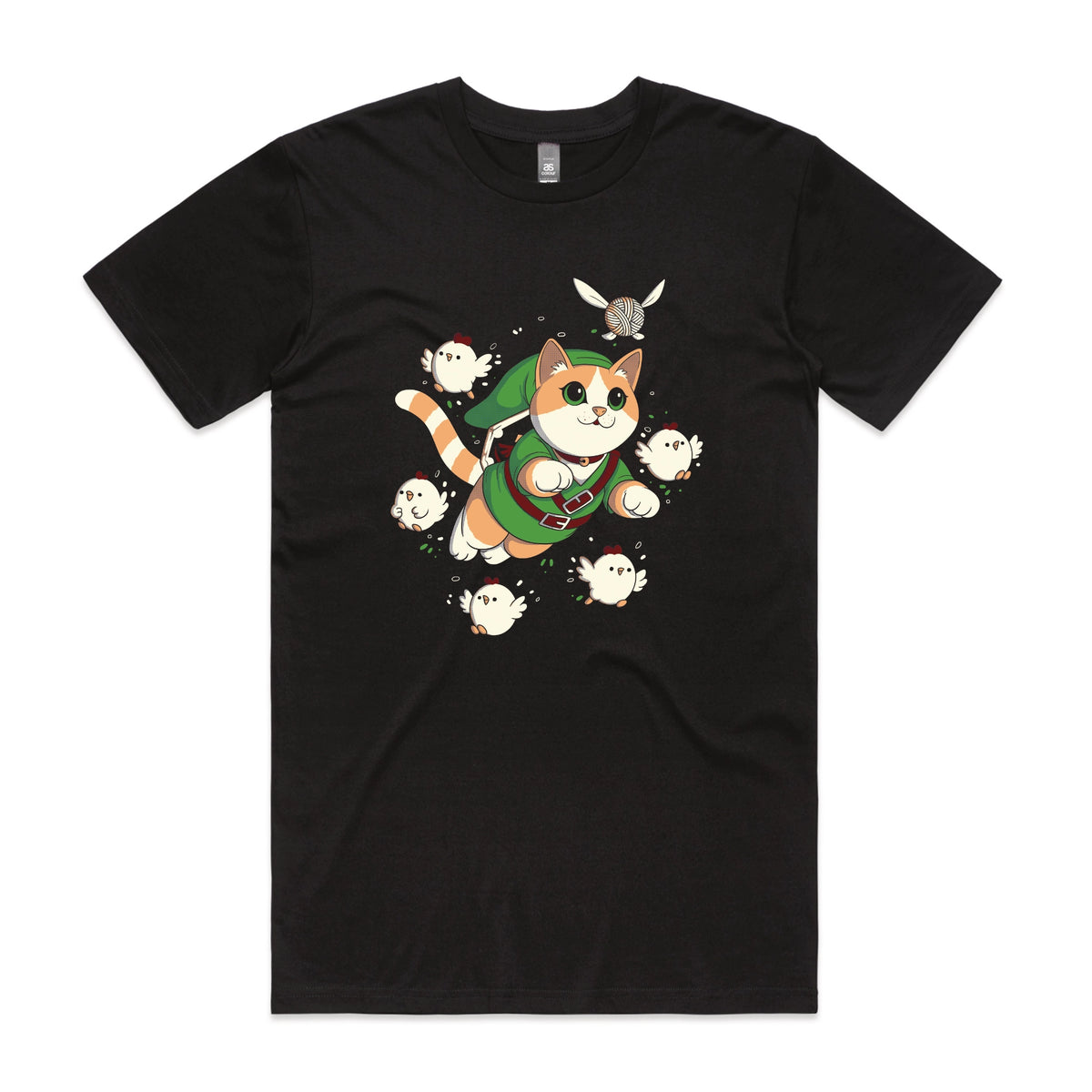 Black unisex t-shirt with Link Cat graphic by Lonely Kids Club