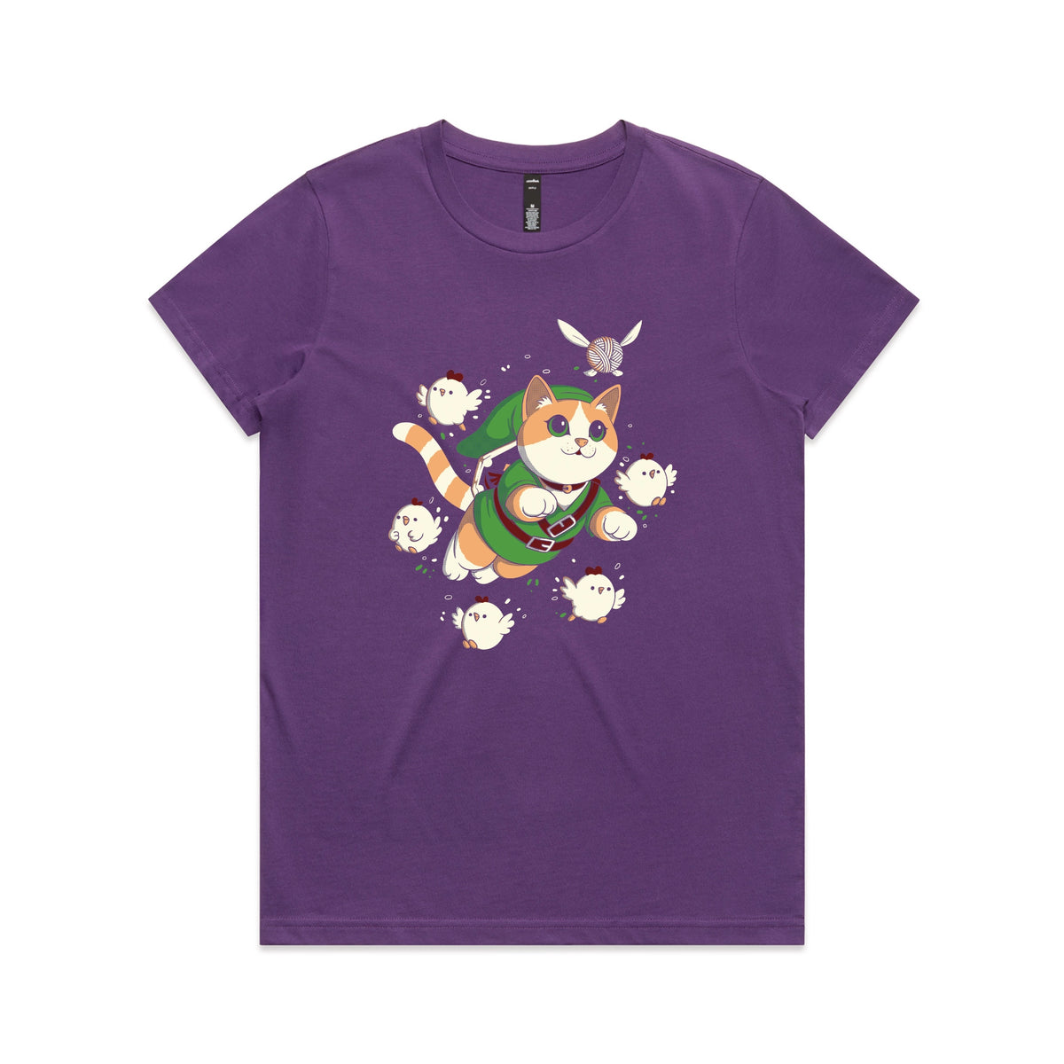 Purple fitted womens t-shirt with Link Cat graphic by Lonely Kids Club