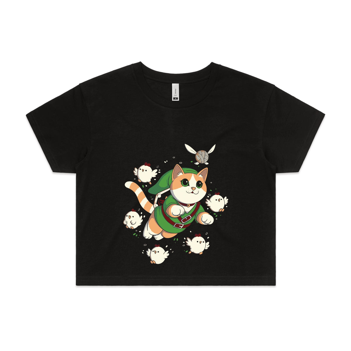 Black crop top with Link Cat graphic by Lonely Kids Club