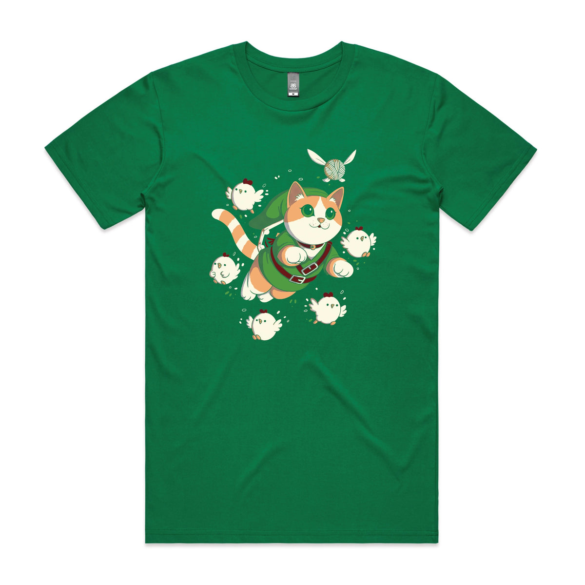 Green unisex t-shirt with Link Cat graphic by Lonely Kids Club