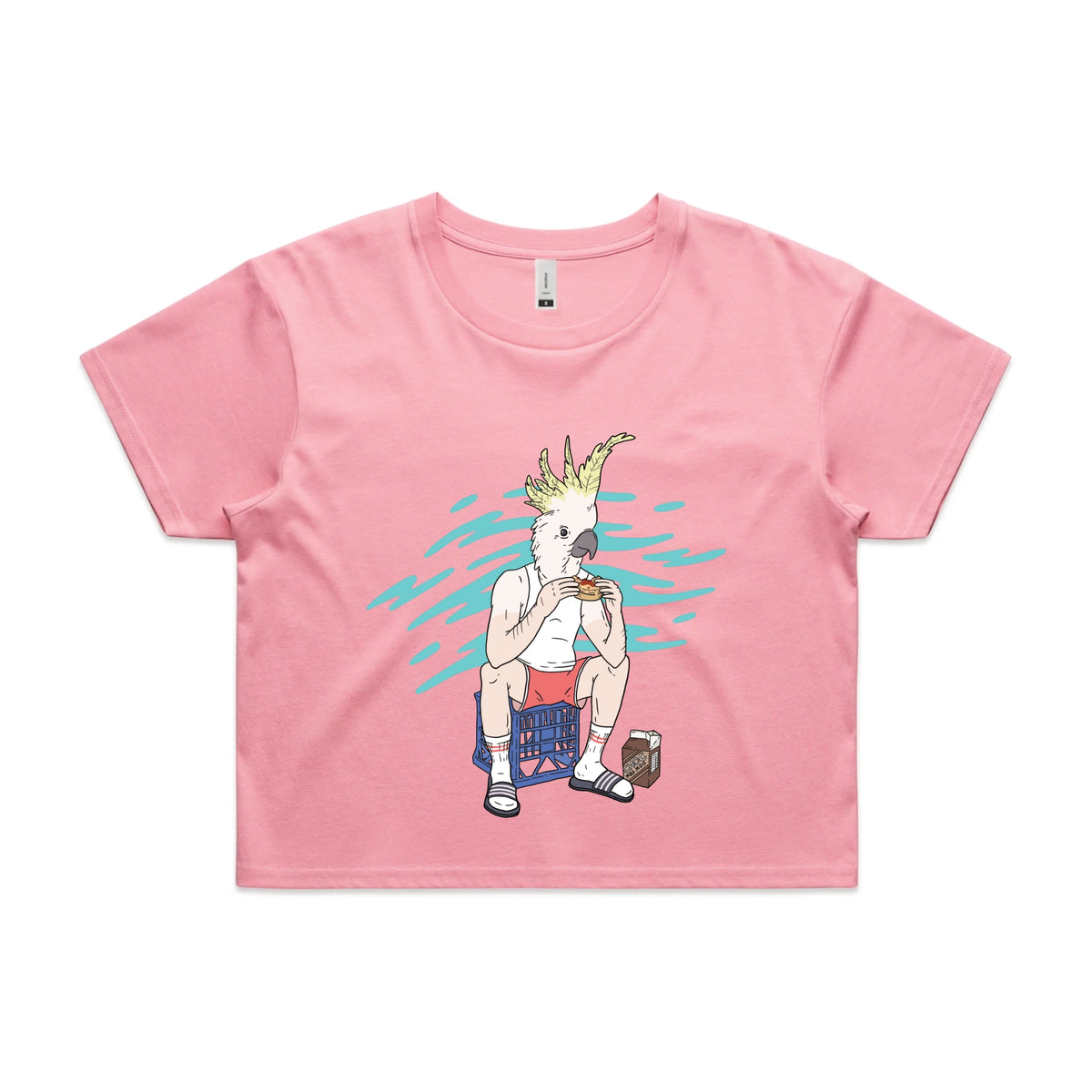Bubblegum crop top with This Is Living graphic by Lonely Kids Club