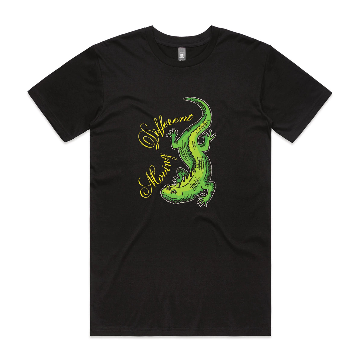 Black unisex t-shirt with Moving Different Lizard graphic by Lonely Kids Club