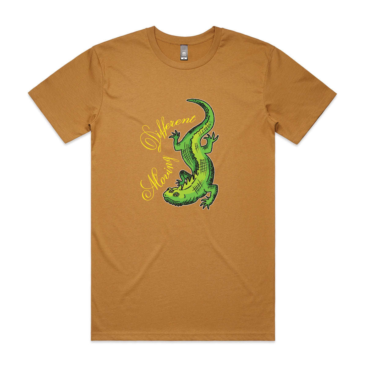Camel unisex t-shirt with Moving Different Lizard graphic by Lonely Kids Club