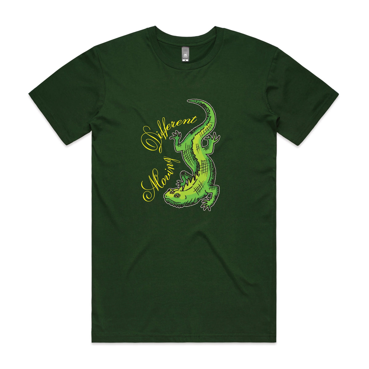 Forest Green unisex t-shirt with Moving Different Lizard graphic by Lonely Kids Club