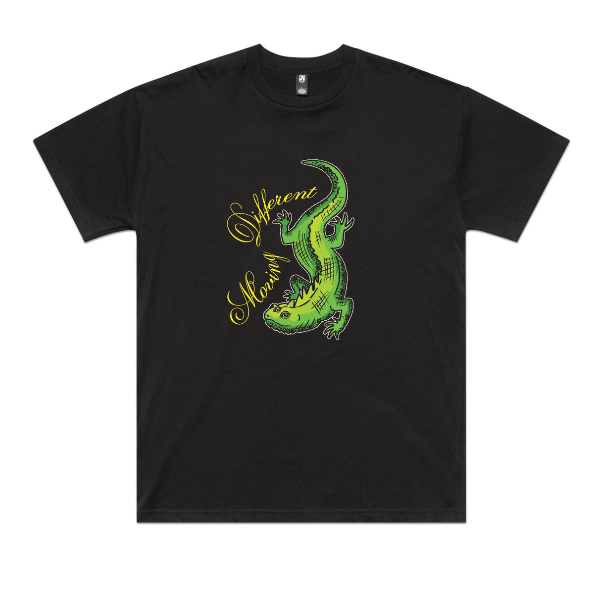 Black oversized t-shirt with Moving Different Lizard graphic by Lonely Kids Club