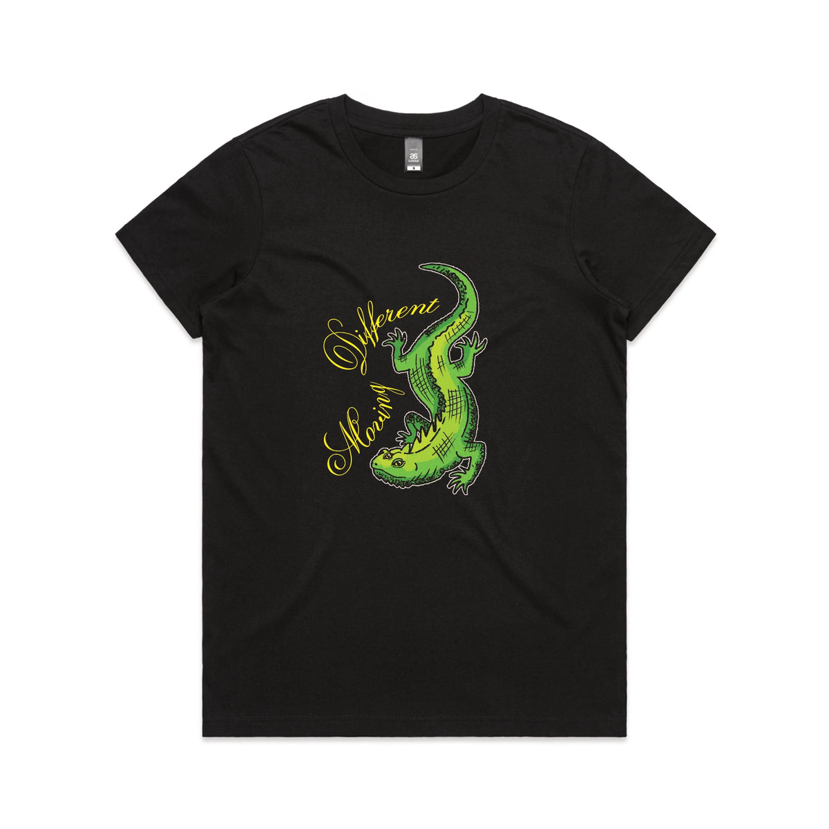 Black fitted womens t-shirt with Moving Different Lizard graphic by Lonely Kids Club