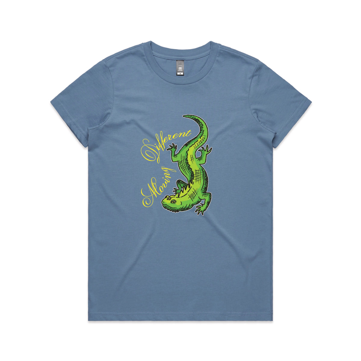 Carolina Blue fitted womens t-shirt with Moving Different Lizard graphic by Lonely Kids Club