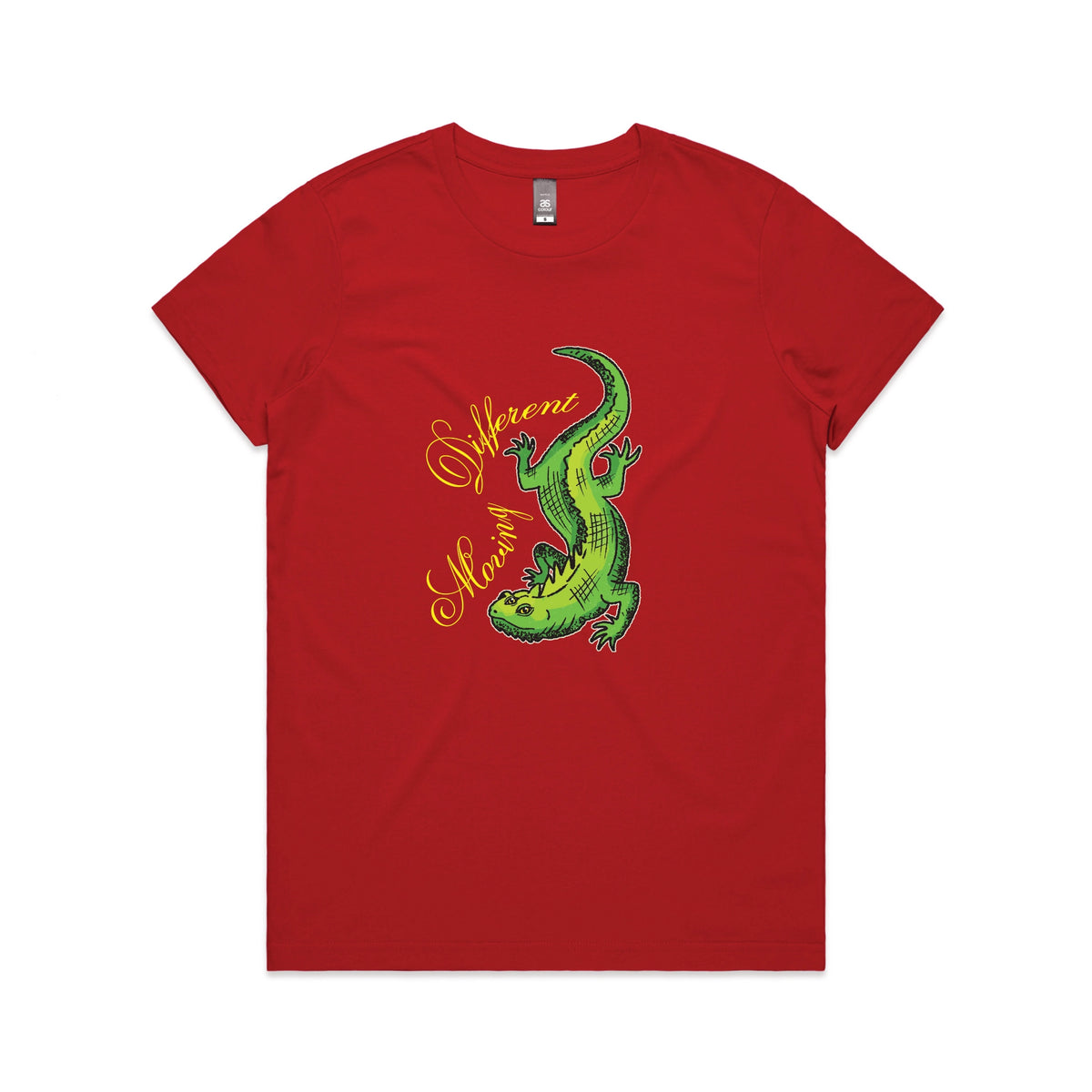 Red fitted womens t-shirt with Moving Different Lizard graphic by Lonely Kids Club