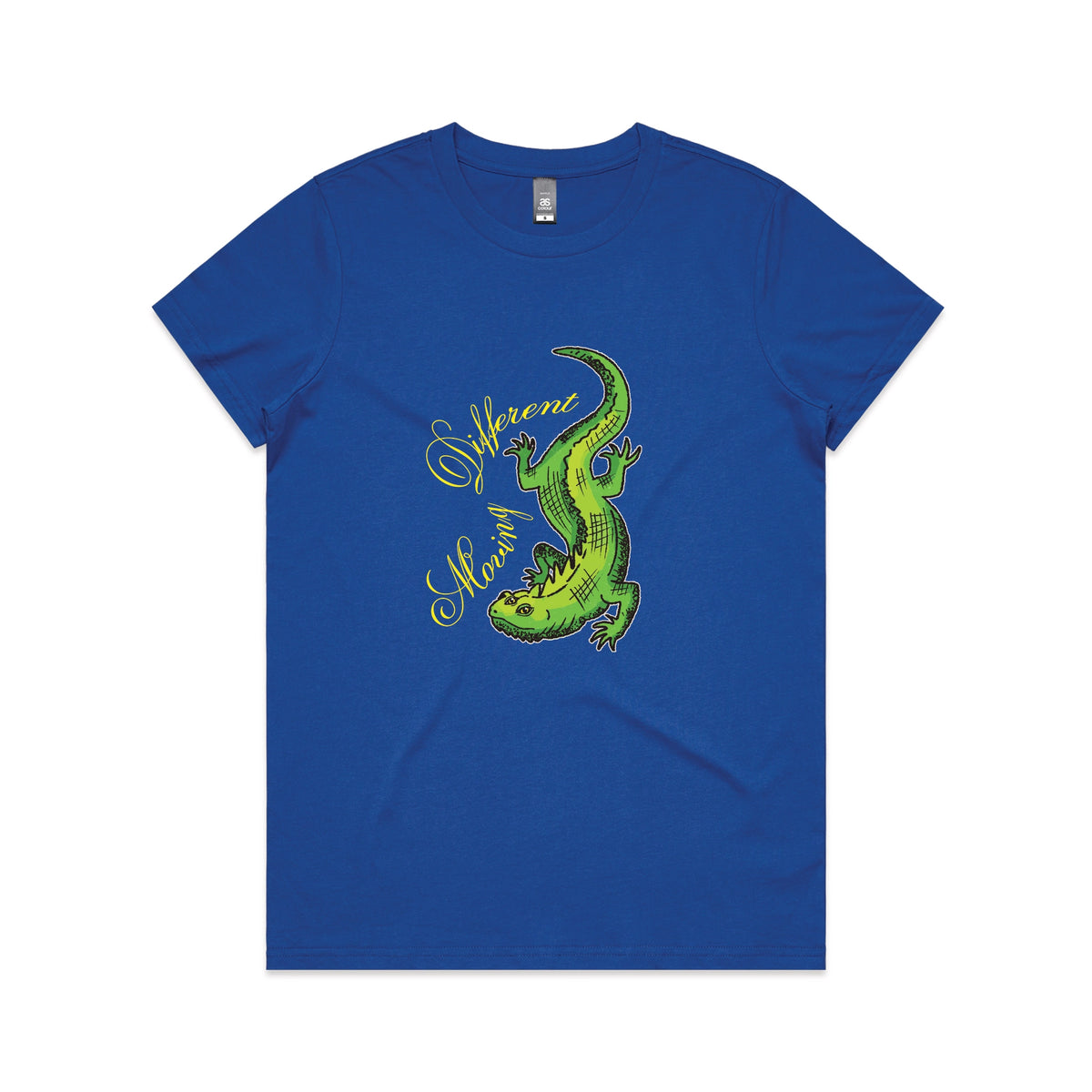 Royal Blue fitted womens t-shirt with Moving Different Lizard graphic by Lonely Kids Club