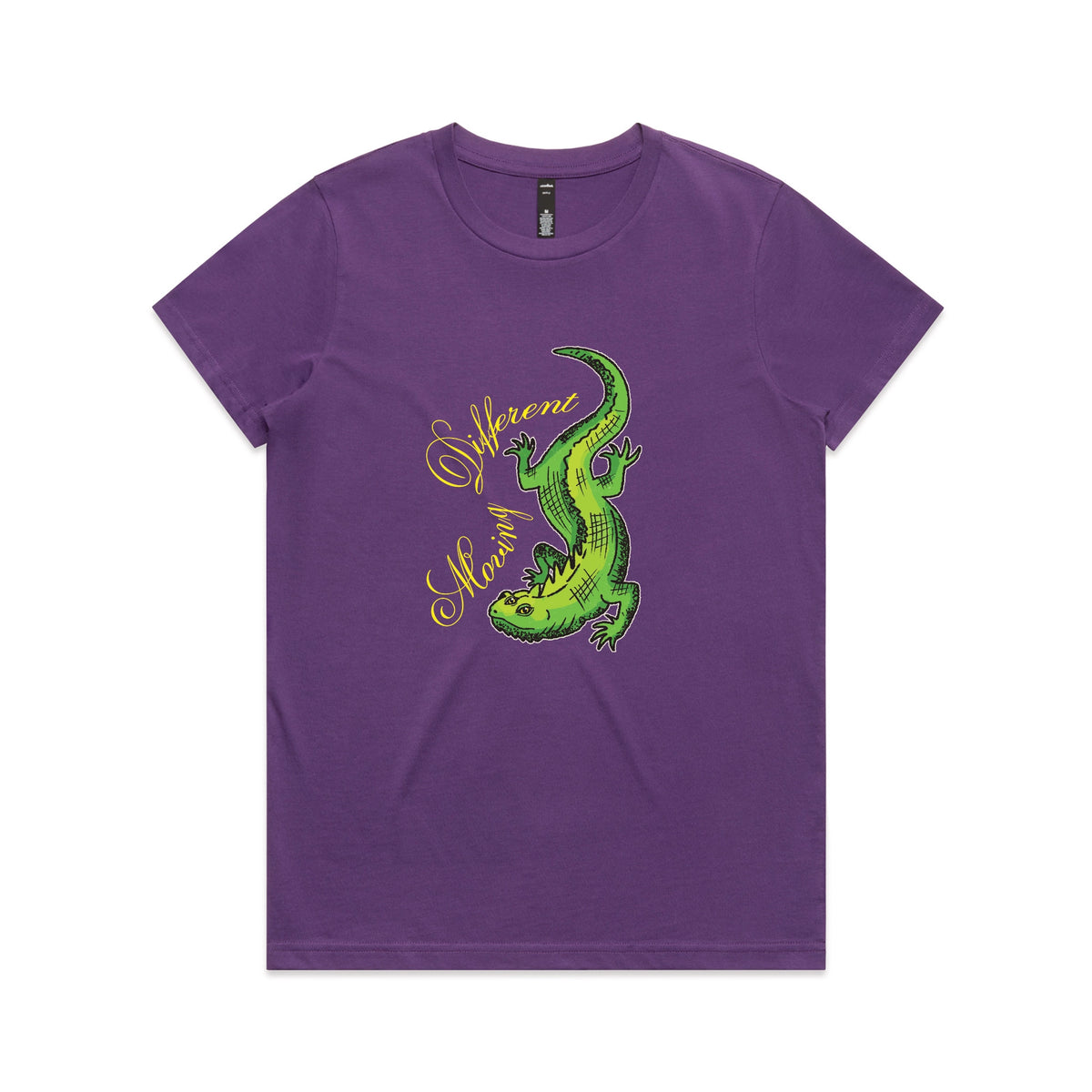 Purple fitted womens t-shirt with Moving Different Lizard graphic by Lonely Kids Club