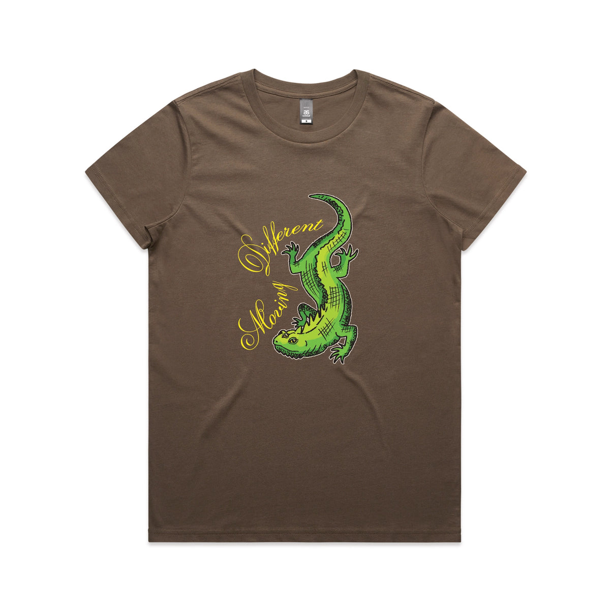 Walnut fitted womens t-shirt with Moving Different Lizard graphic by Lonely Kids Club