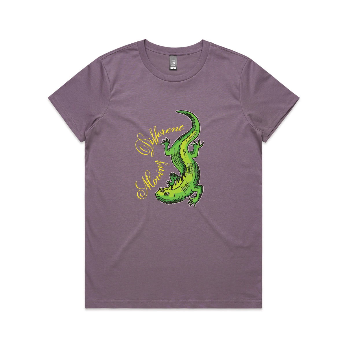 Mauve fitted womens t-shirt with Moving Different Lizard graphic by Lonely Kids Club