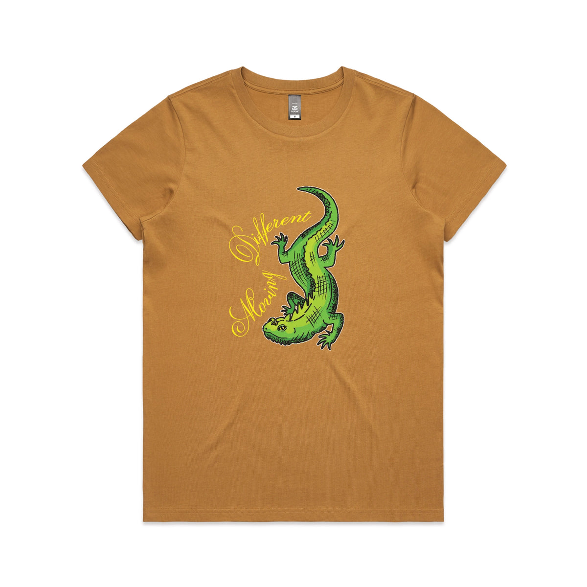 Camel fitted womens t-shirt with Moving Different Lizard graphic by Lonely Kids Club