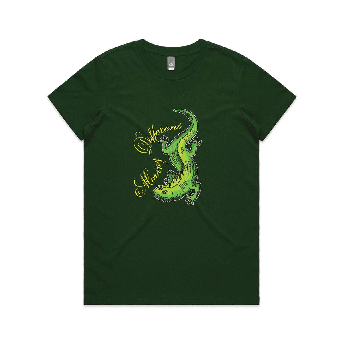 Forest Green fitted womens t-shirt with Moving Different Lizard graphic by Lonely Kids Club