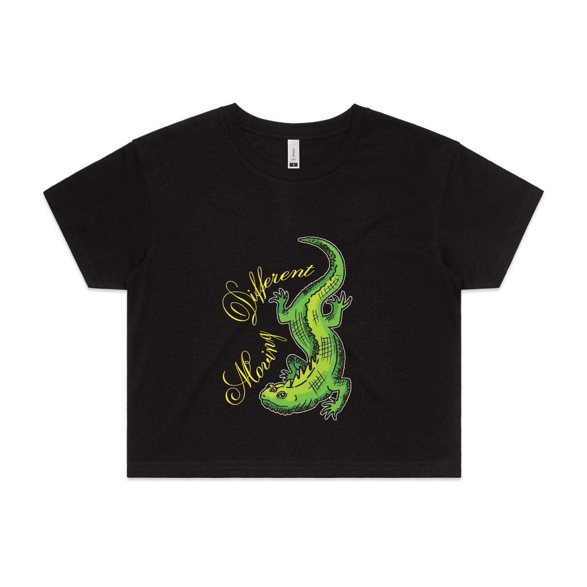 Black crop top with Moving Different Lizard graphic by Lonely Kids Club