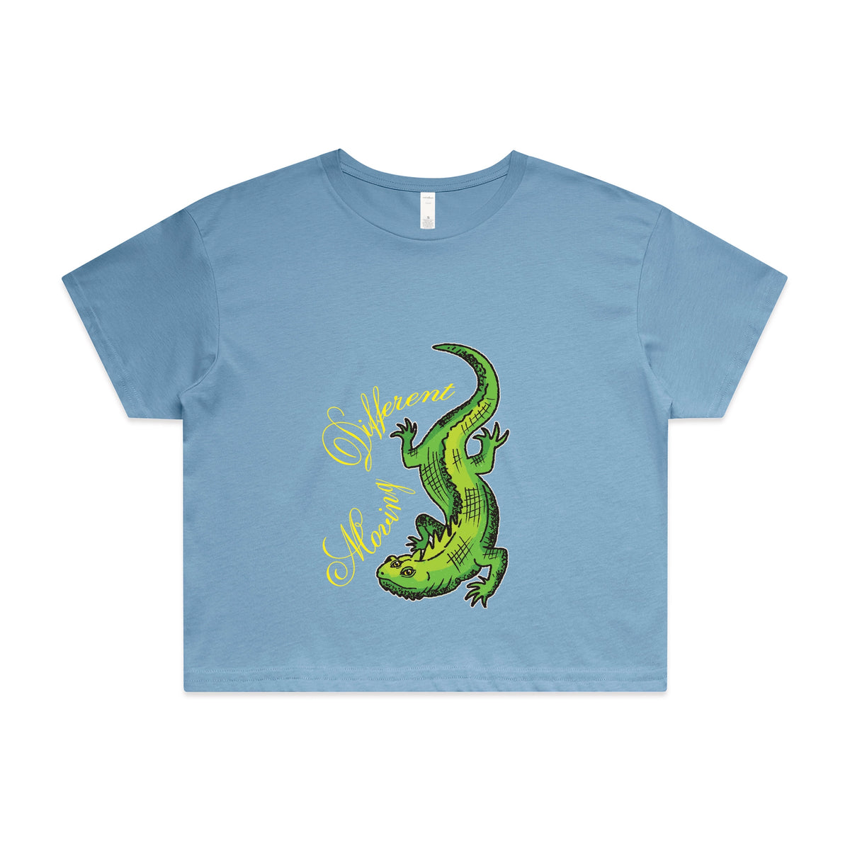 Carolina Blue crop top with Moving Different Lizard graphic by Lonely Kids Club