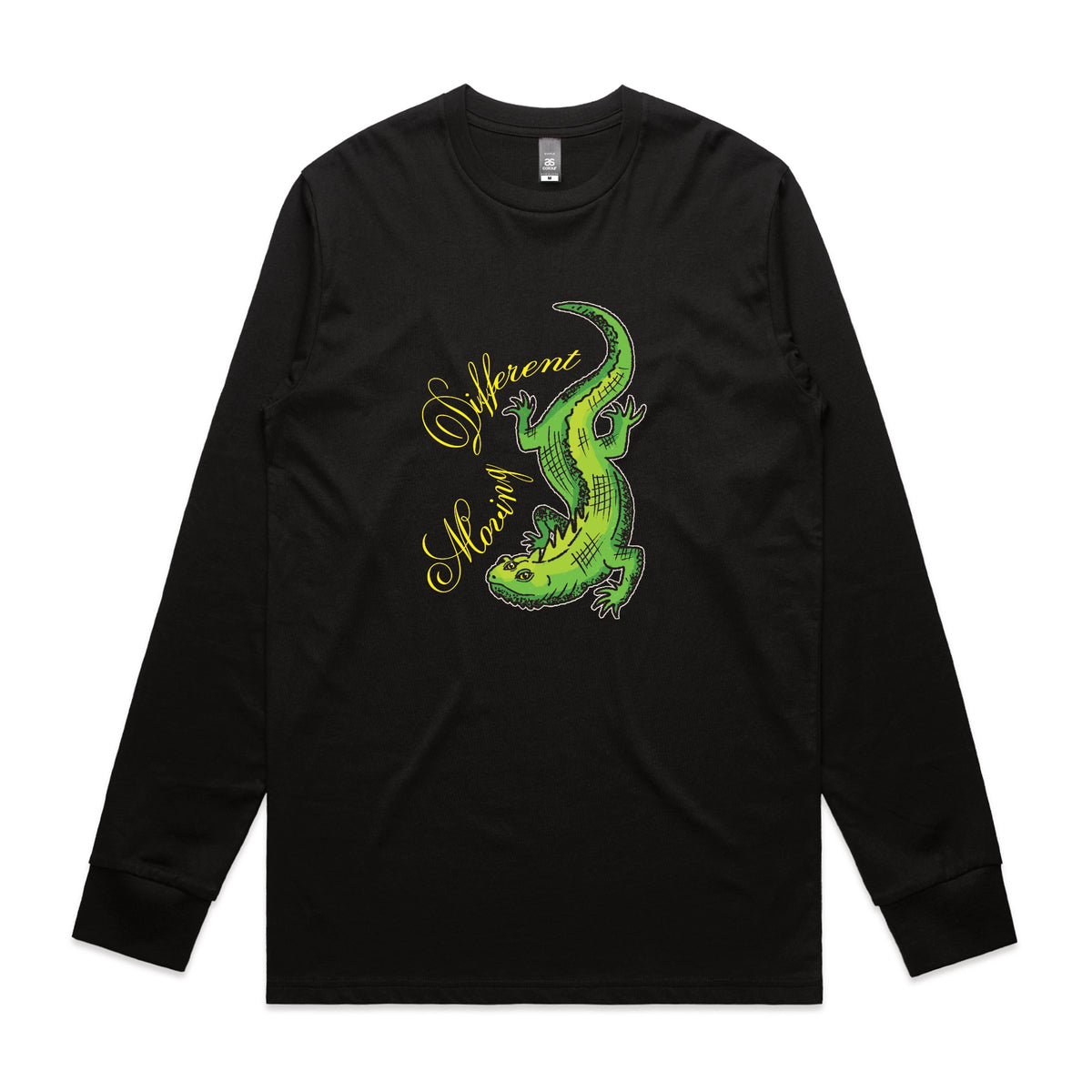 Black long sleeve t-shirt with Moving Different Lizard graphic by Lonely Kids Club