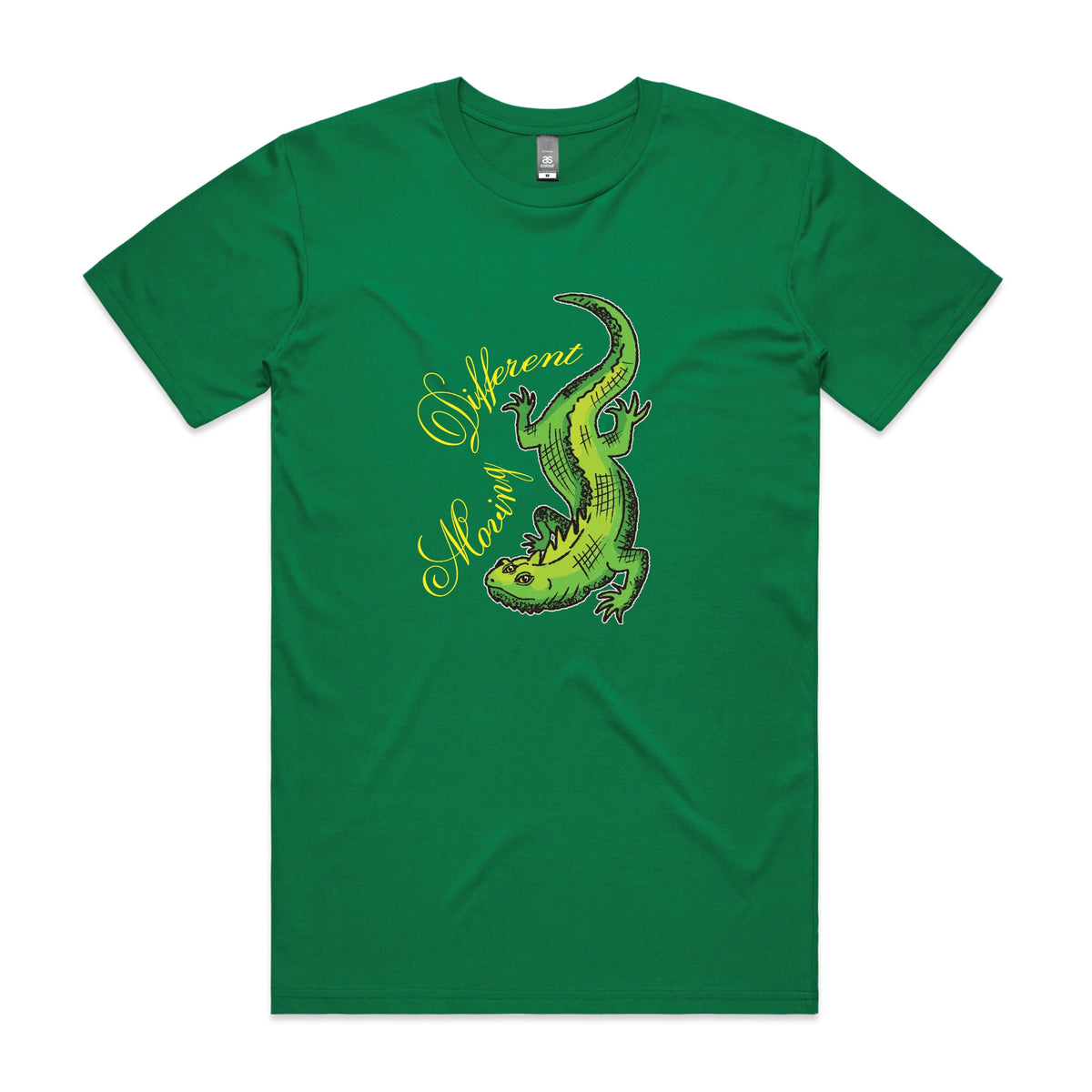 Green unisex t-shirt with Moving Different Lizard graphic by Lonely Kids Club