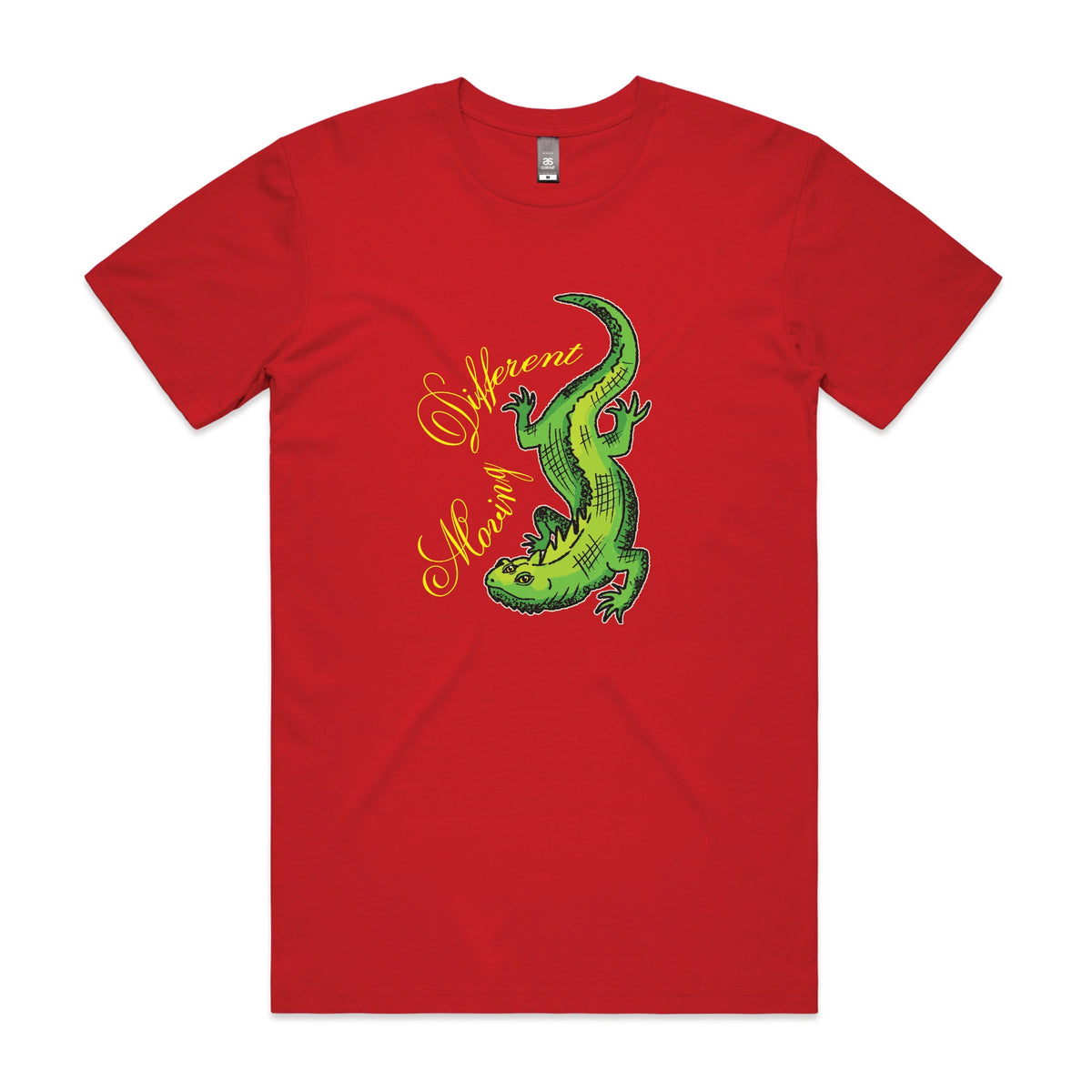Red unisex t-shirt with Moving Different Lizard graphic by Lonely Kids Club