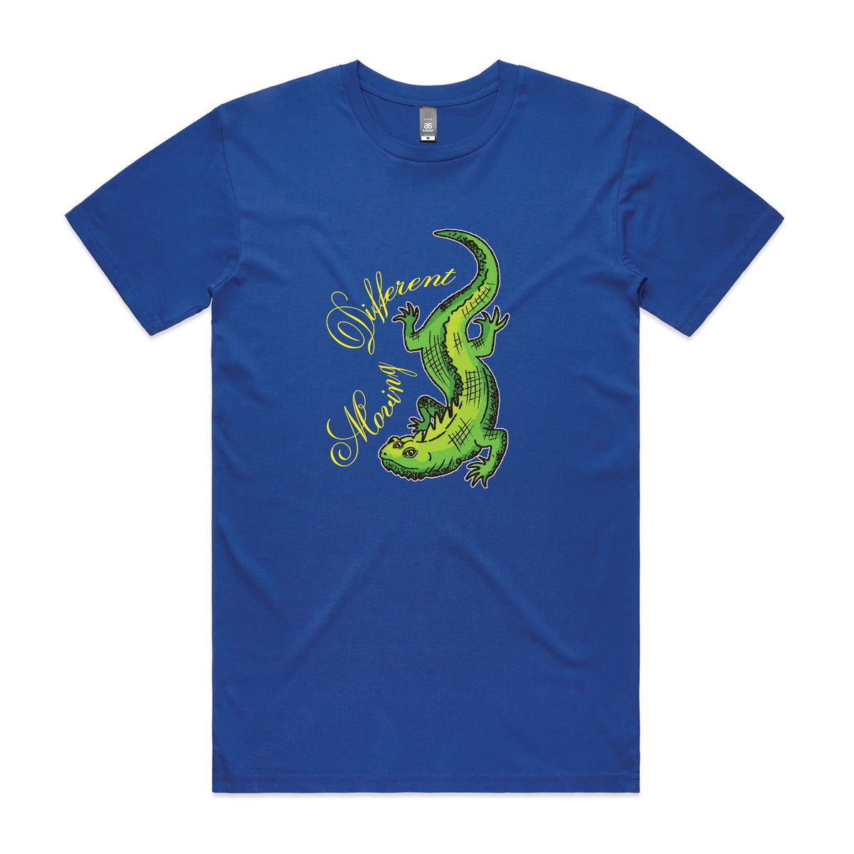 Royal Blue unisex t-shirt with Moving Different Lizard graphic by Lonely Kids Club