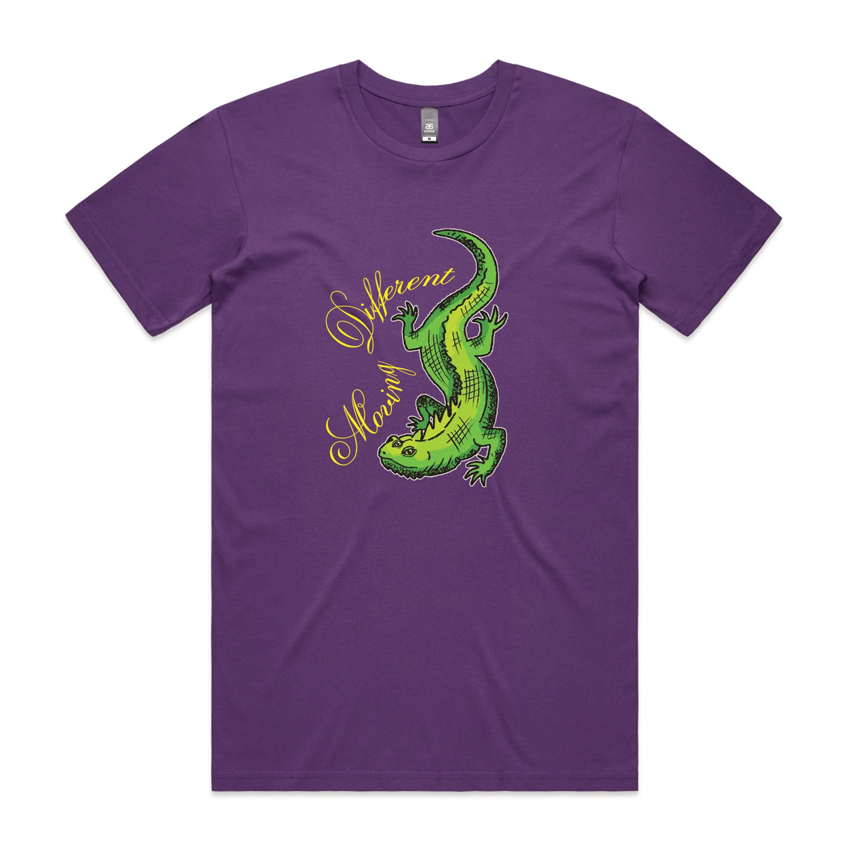 Purple unisex t-shirt with Moving Different Lizard graphic by Lonely Kids Club