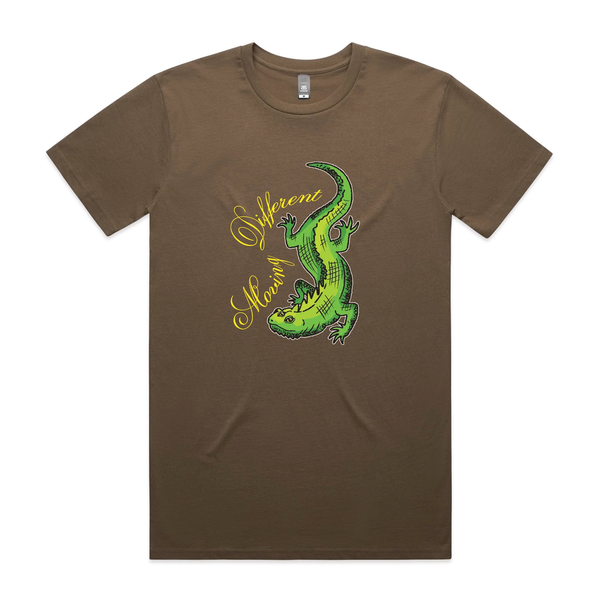 Walnut unisex t-shirt with Moving Different Lizard graphic by Lonely Kids Club