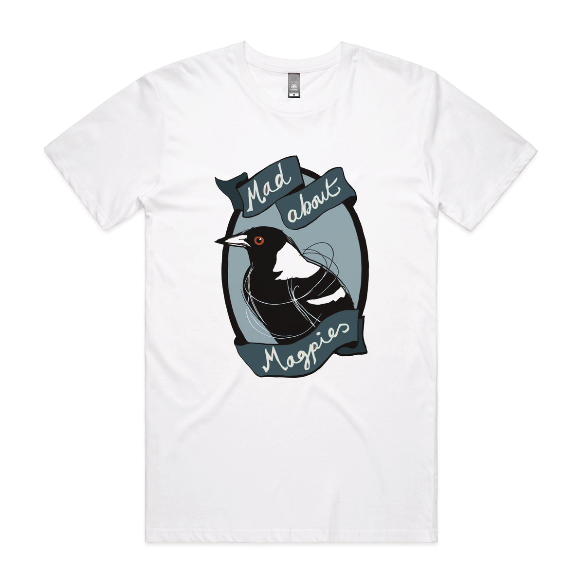 White unisex t-shirt with Mad About Magpies graphic by Lonely Kids Club