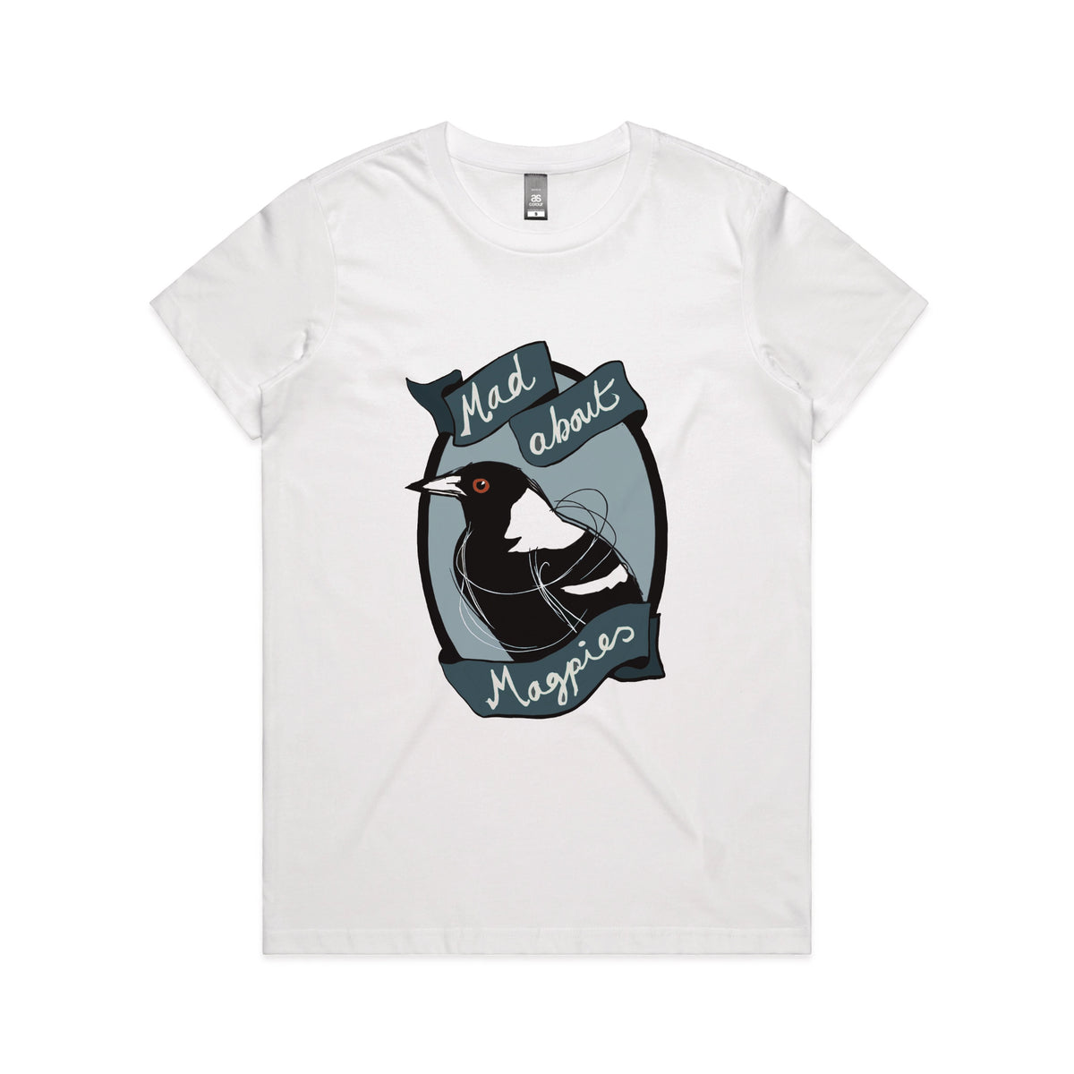 White fitted womens t-shirt with Mad About Magpies graphic by Lonely Kids Club