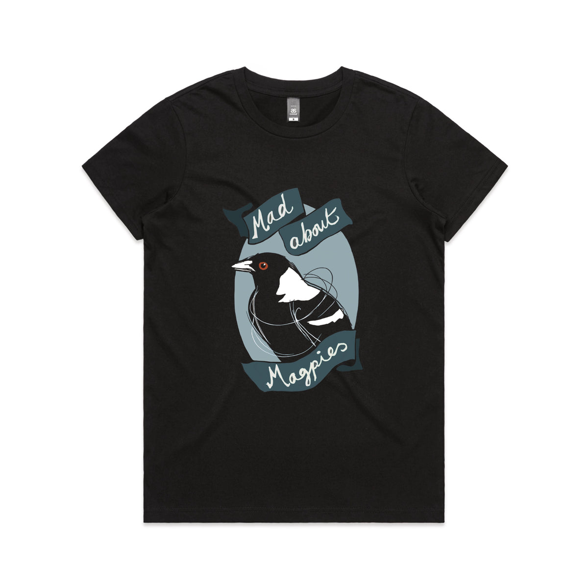 Black fitted womens t-shirt with Mad About Magpies graphic by Lonely Kids Club
